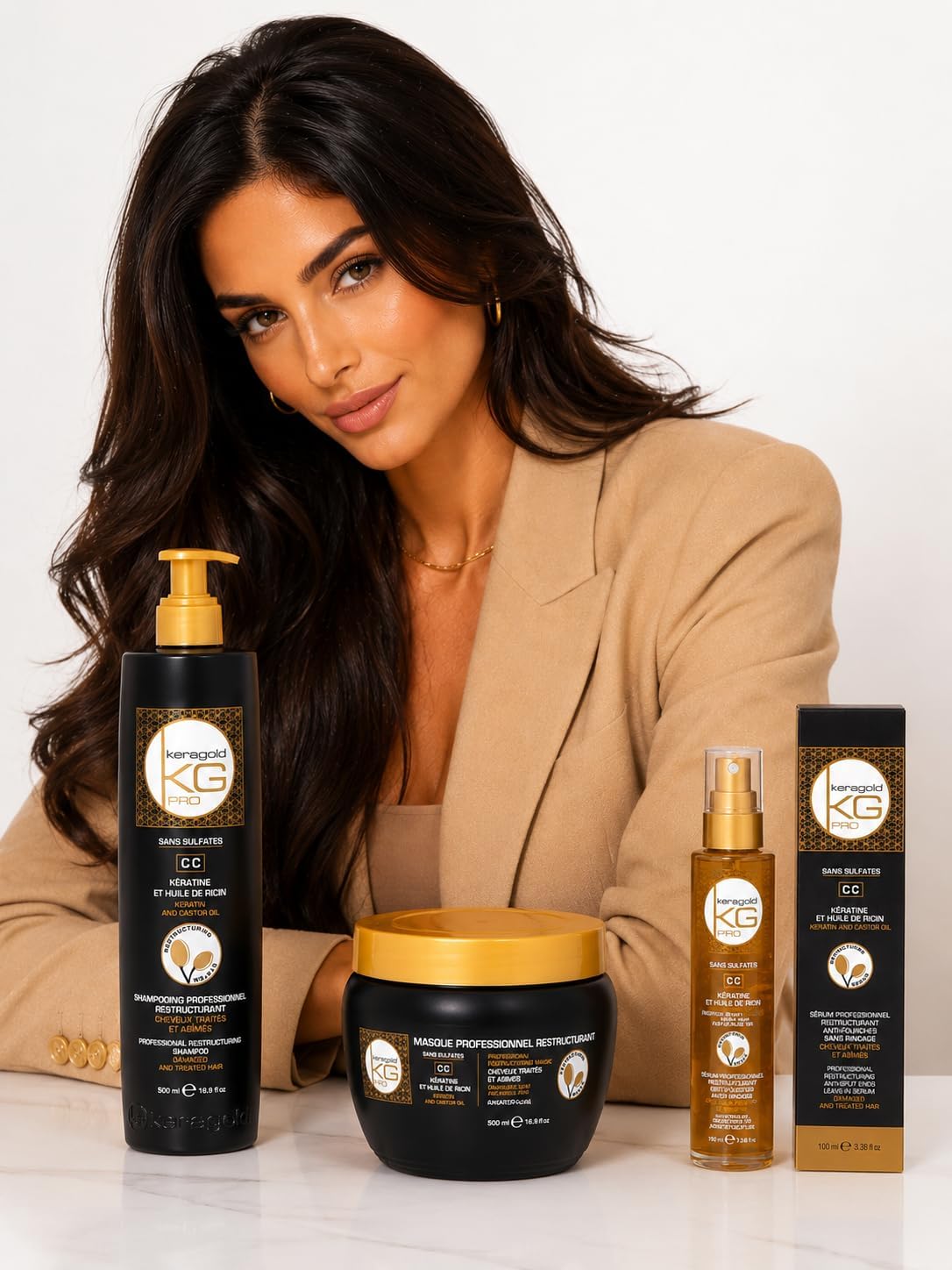 Keragold KG Pro Trio Capillaire Keratin & Castor Oil - Shampoo 500ml, Mask 500ml, Serum 100ml - Sulfate Free Routine for Treated, Damaged, Dry, Frizz & Shine Hair - Image 4