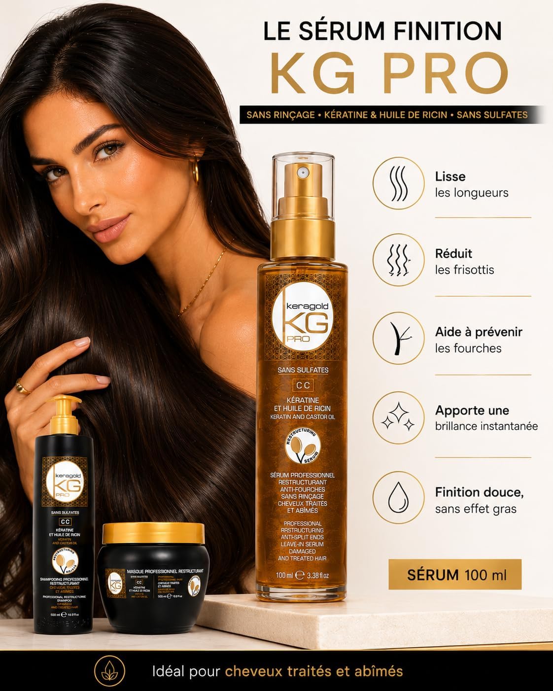 Keragold KG Pro Trio Capillaire Keratin & Castor Oil - Shampoo 500ml, Mask 500ml, Serum 100ml - Sulfate Free Routine for Treated, Damaged, Dry, Frizz & Shine Hair - Image 6