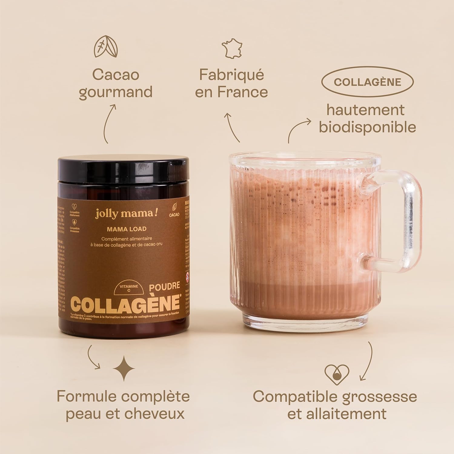 Jolly mama! Mama Load | Drinking Powder, Cocoa Marine Collagen | Vitamin C Enriched | Skin & Cartilage | Gluten Free | Pregnancy & Breastfeeding Compatible | Made in France | 112g Jar - Image 3