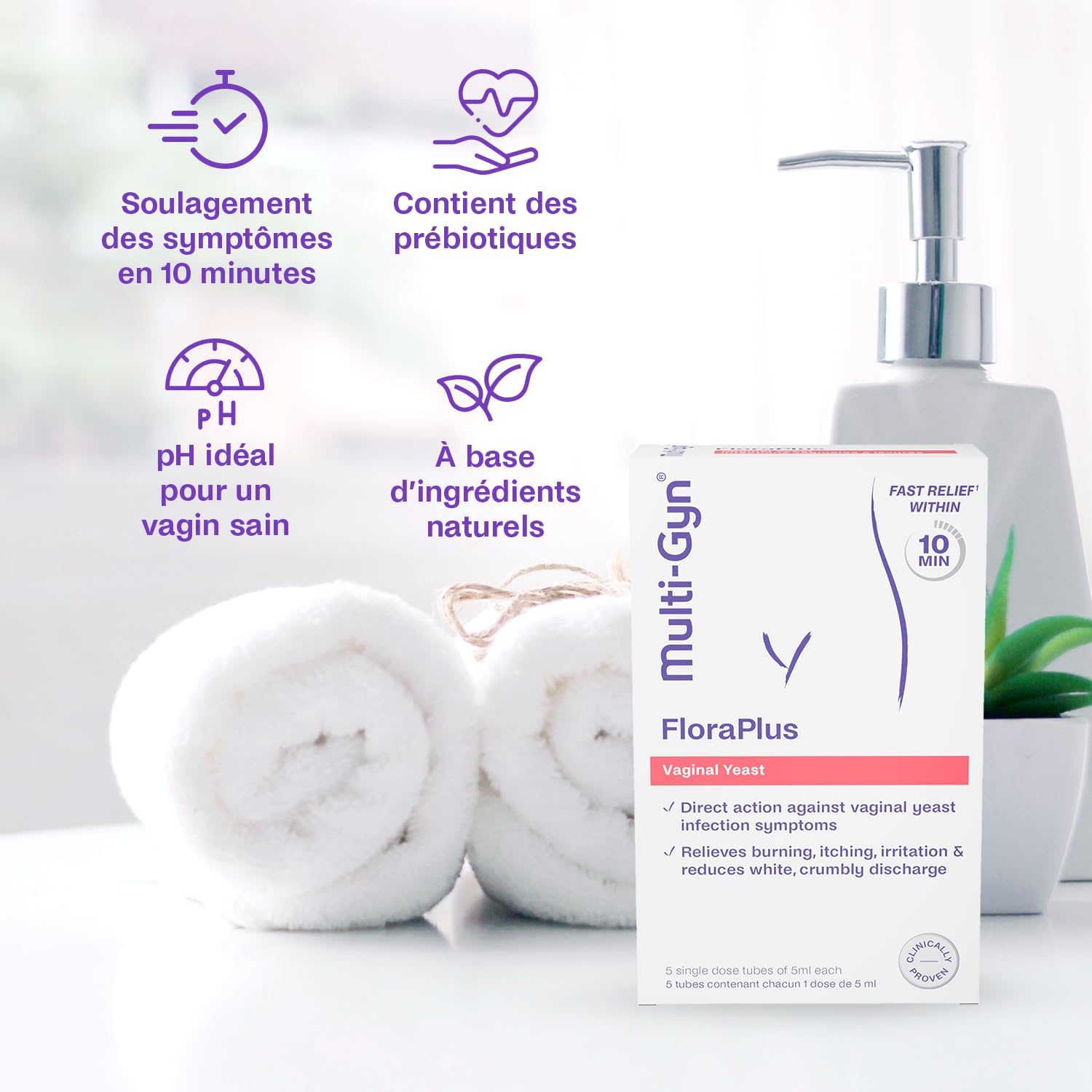 Multi-Gyn FloraPlus - Treats Thrush Symptoms - Clinically Proven - Fast Relief in 10 Minutes - With Prebiotics & Lactic Acid - 5 Single Dose Tubes - Image 3