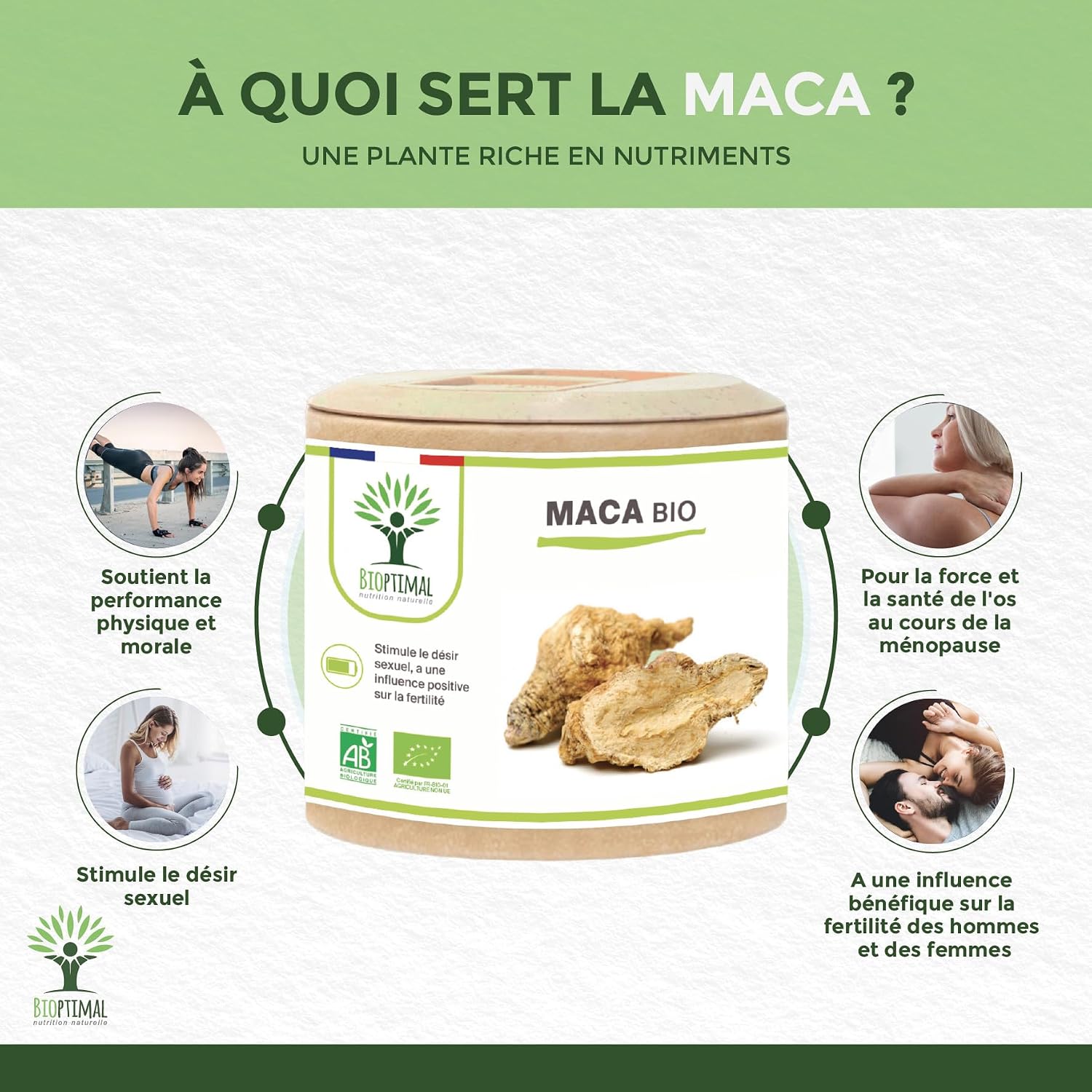 Organic Maca - Bioptimal Food Supplement - Superfood - Maca Powder Peru - 300 mg Capsule - Sexuality Energy Aphrodisiac Fertility - Packaged in France - Ecocert Certified - 60 Capsules - Image 3