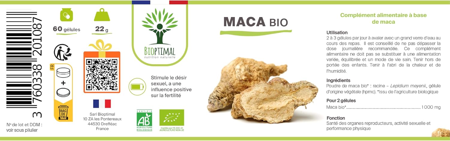 Organic Maca - Bioptimal Food Supplement - Superfood - Maca Powder Peru - 300 mg Capsule - Sexuality Energy Aphrodisiac Fertility - Packaged in France - Ecocert Certified - 60 Capsules - Image 10
