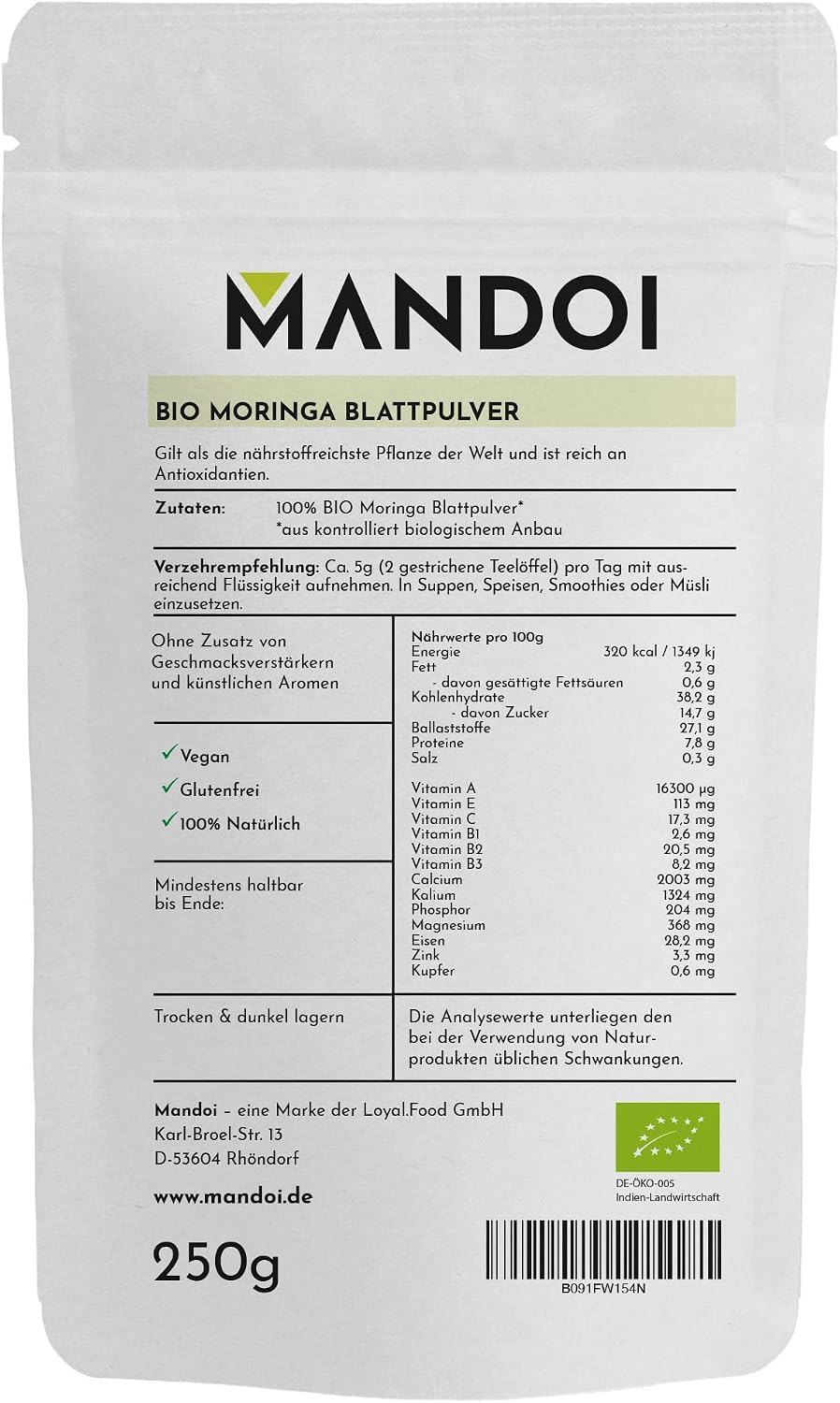 Mandoi Poudre de moringa bio 250 g, poudre de moringa bio de qualité alimentaire crue. Poudre de moringa bio - Image 3
