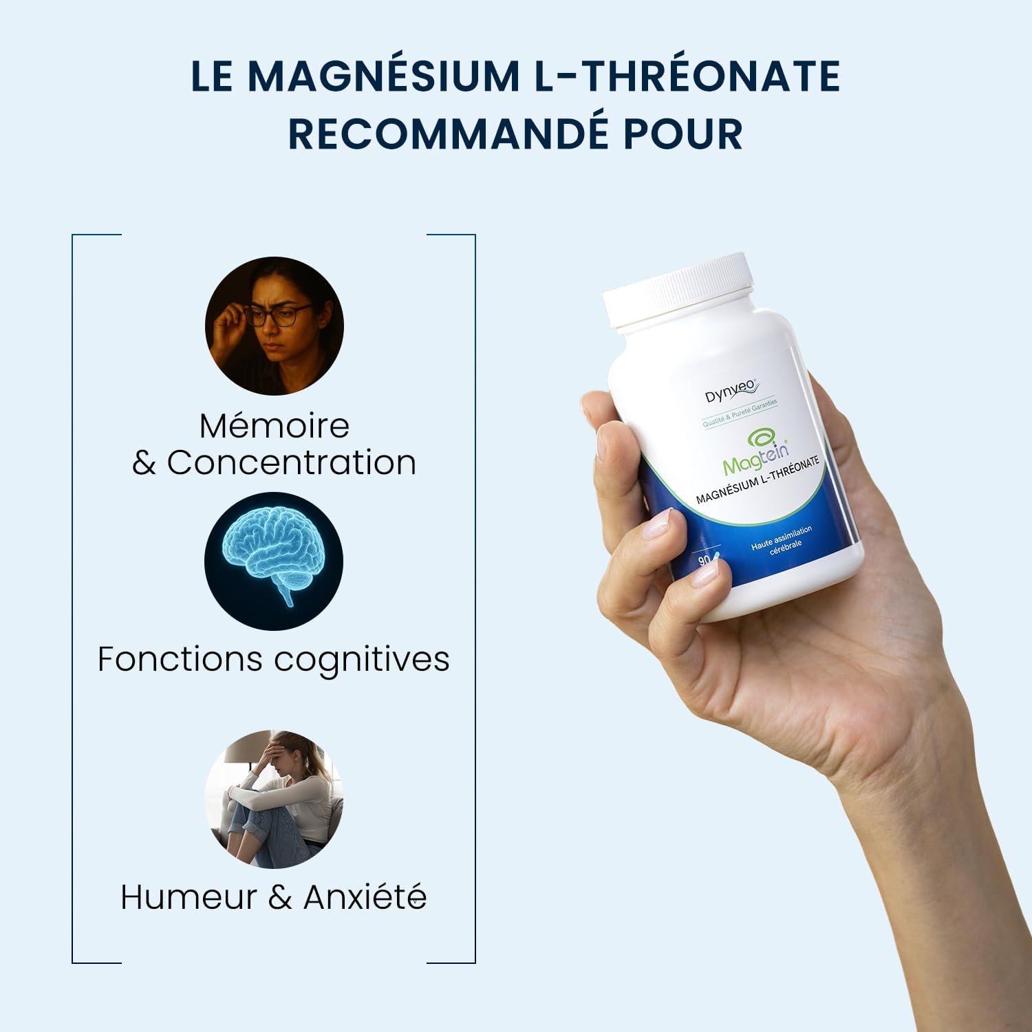 Magnesium L-Threonate Magtein - Memory, Concentration, Cognitive Function, Fatigue - High Cerebral Assimilation - Patented Formula - 667 mg - 90 Capsules (1 Month) - Made in France Dynveo - Image 3