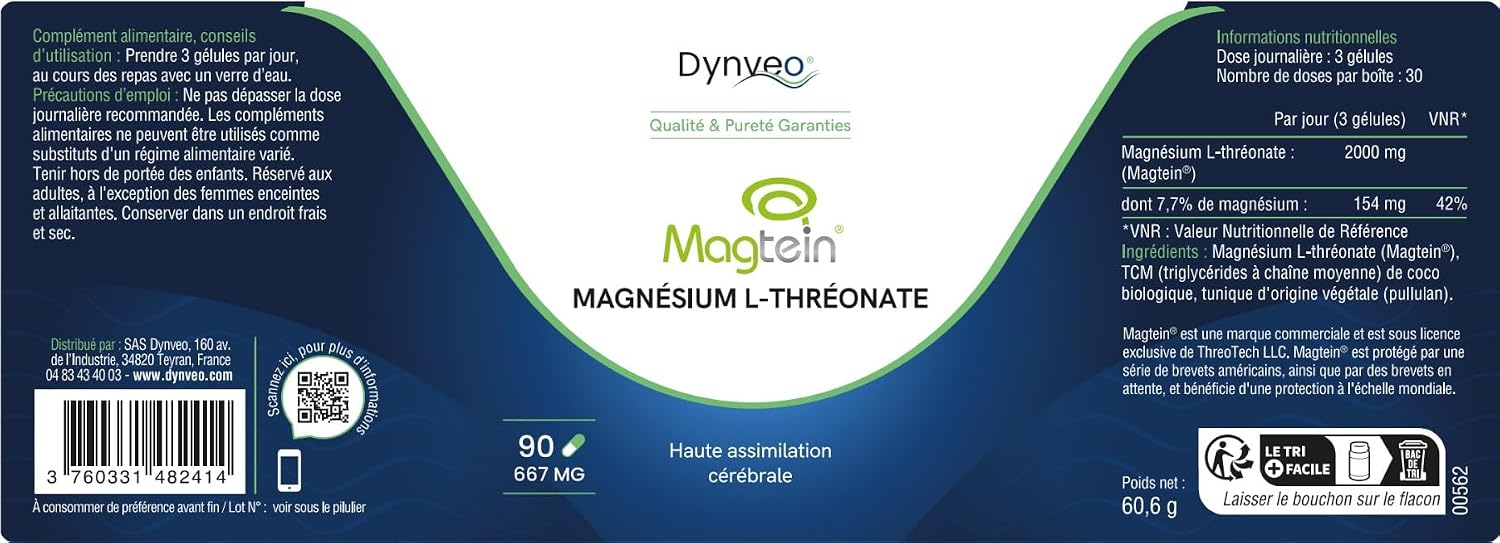 Magnesium L-Threonate Magtein - Memory, Concentration, Cognitive Function, Fatigue - High Cerebral Assimilation - Patented Formula - 667 mg - 90 Capsules (1 Month) - Made in France Dynveo - Image 9