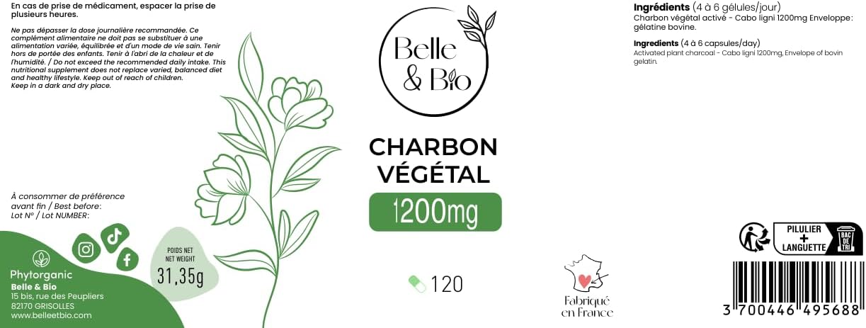 DIGESTION & TUMMY PAIN - 100% Activated Vegetable Charcoal - 120 Capsules - 1 Month Cure - Belle & Bio Food Supplement - Made in France - Image 8