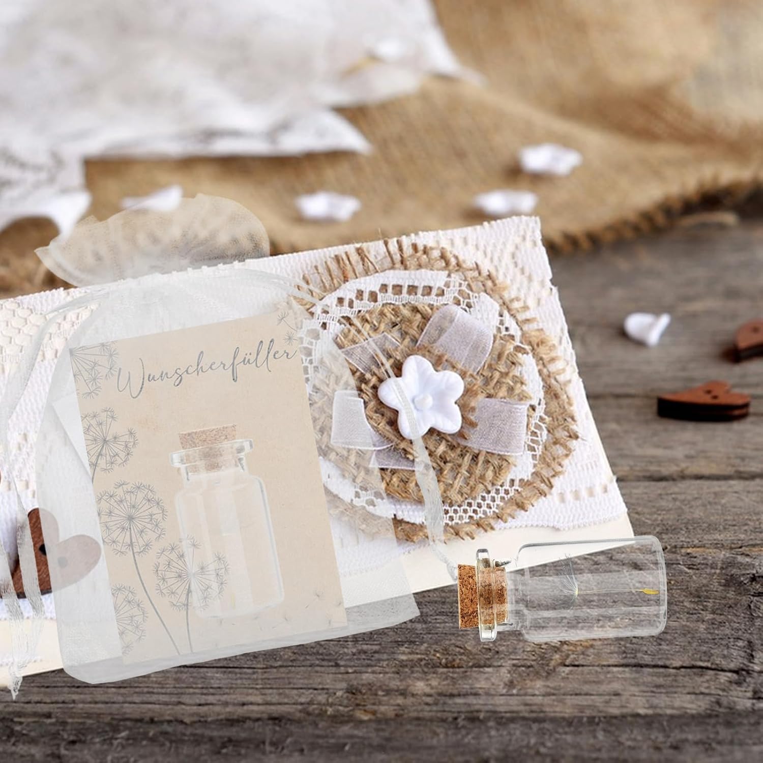 Dandelion Glass, 12 Set Small Greetings Exaucer Real Dandelions in Jar, Small Gift with Greeting Card Bag Garbage Bag Hemp Rope, Thank You Gift Lucky Charm (Multicoloured) - Image 4