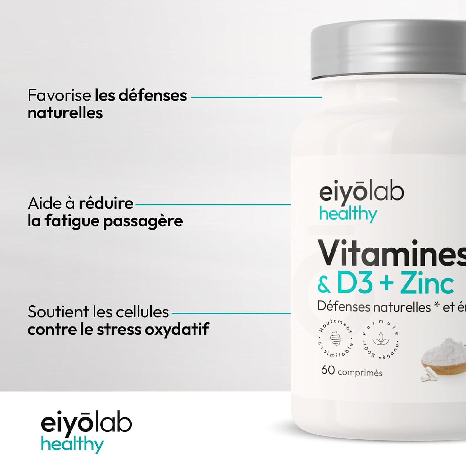Vitamin C & D3 + Zinc Bisglycinate | Highly Dosed | Complete Immunity & Vitality Formula | 2 Month Cure Per Bottle | Highly Assimilable & Bioavailable | 60 Vegan Tablets | Eiyolab - Image 3