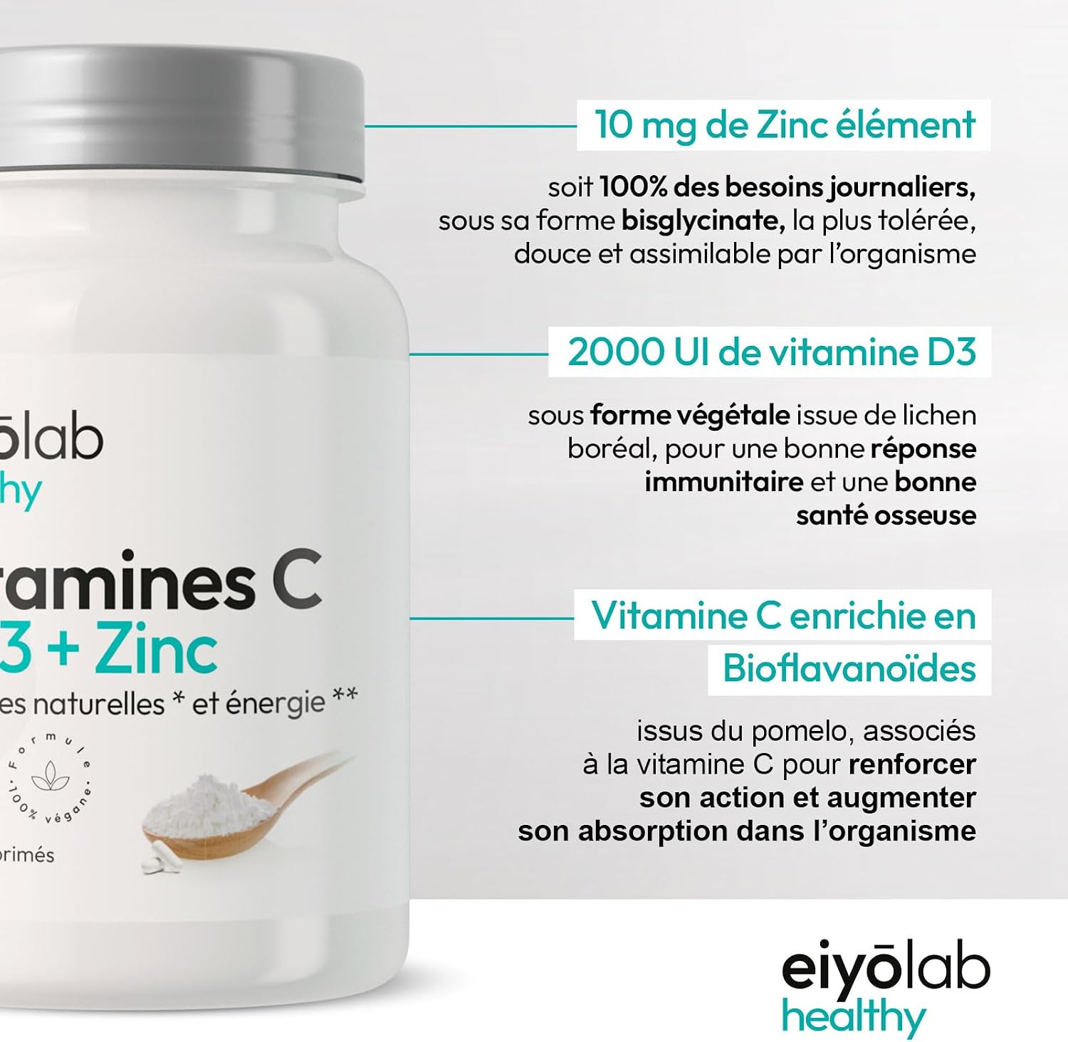 Vitamin C & D3 + Zinc Bisglycinate | Highly Dosed | Complete Immunity & Vitality Formula | 2 Month Cure Per Bottle | Highly Assimilable & Bioavailable | 60 Vegan Tablets | Eiyolab - Image 4