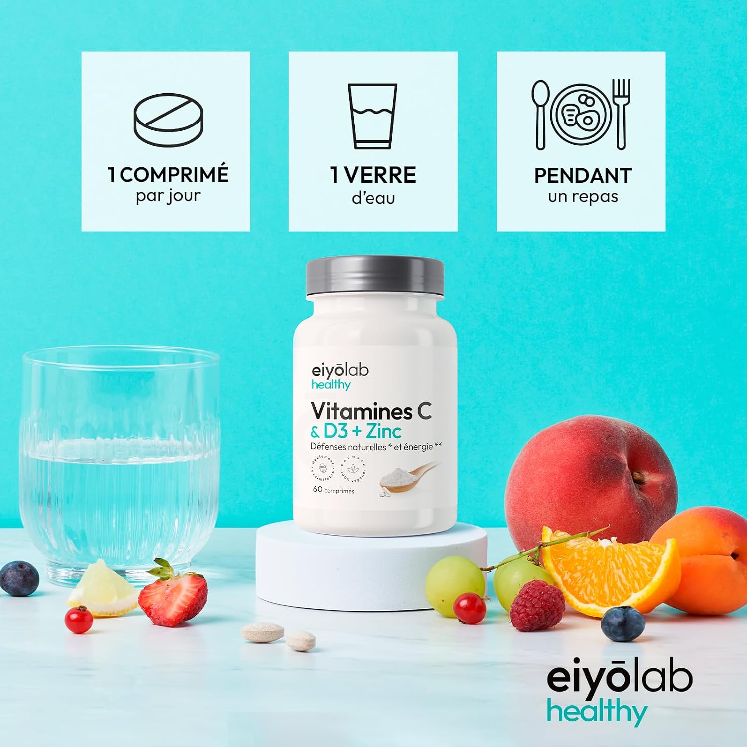 Vitamin C & D3 + Zinc Bisglycinate | Highly Dosed | Complete Immunity & Vitality Formula | 2 Month Cure Per Bottle | Highly Assimilable & Bioavailable | 60 Vegan Tablets | Eiyolab - Image 5