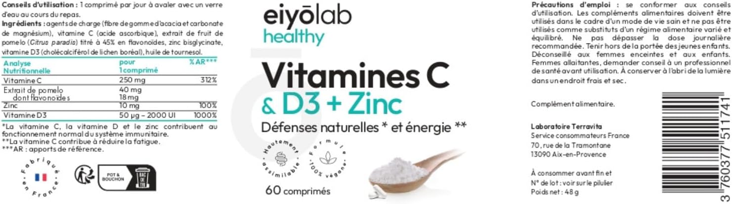 Vitamin C & D3 + Zinc Bisglycinate | Highly Dosed | Complete Immunity & Vitality Formula | 2 Month Cure Per Bottle | Highly Assimilable & Bioavailable | 60 Vegan Tablets | Eiyolab - Image 8