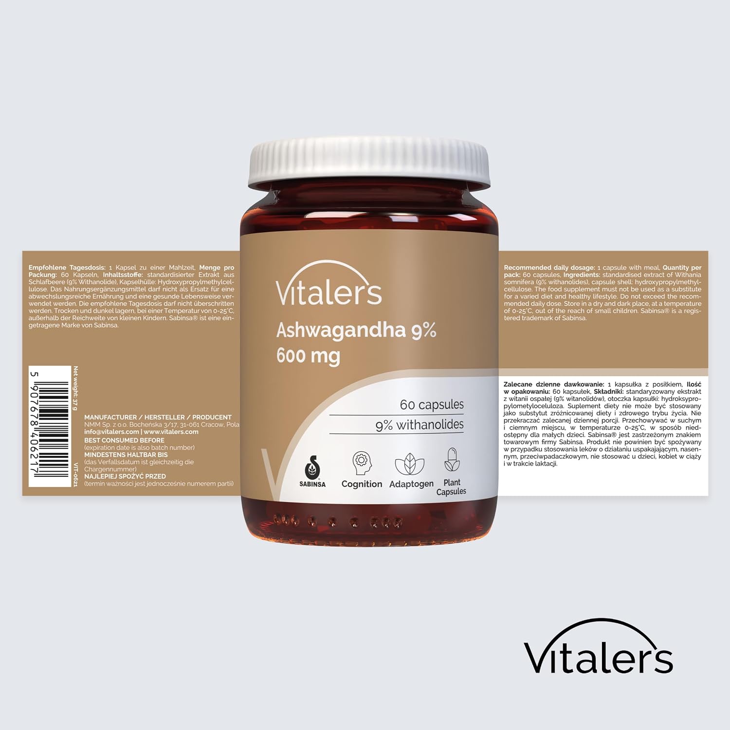 Ashwagandha 9% 600mg Vitaler's - 60 Capsules, Vegan, 2 Months Supplement, No Preservatives, Pure Composition - Image 9