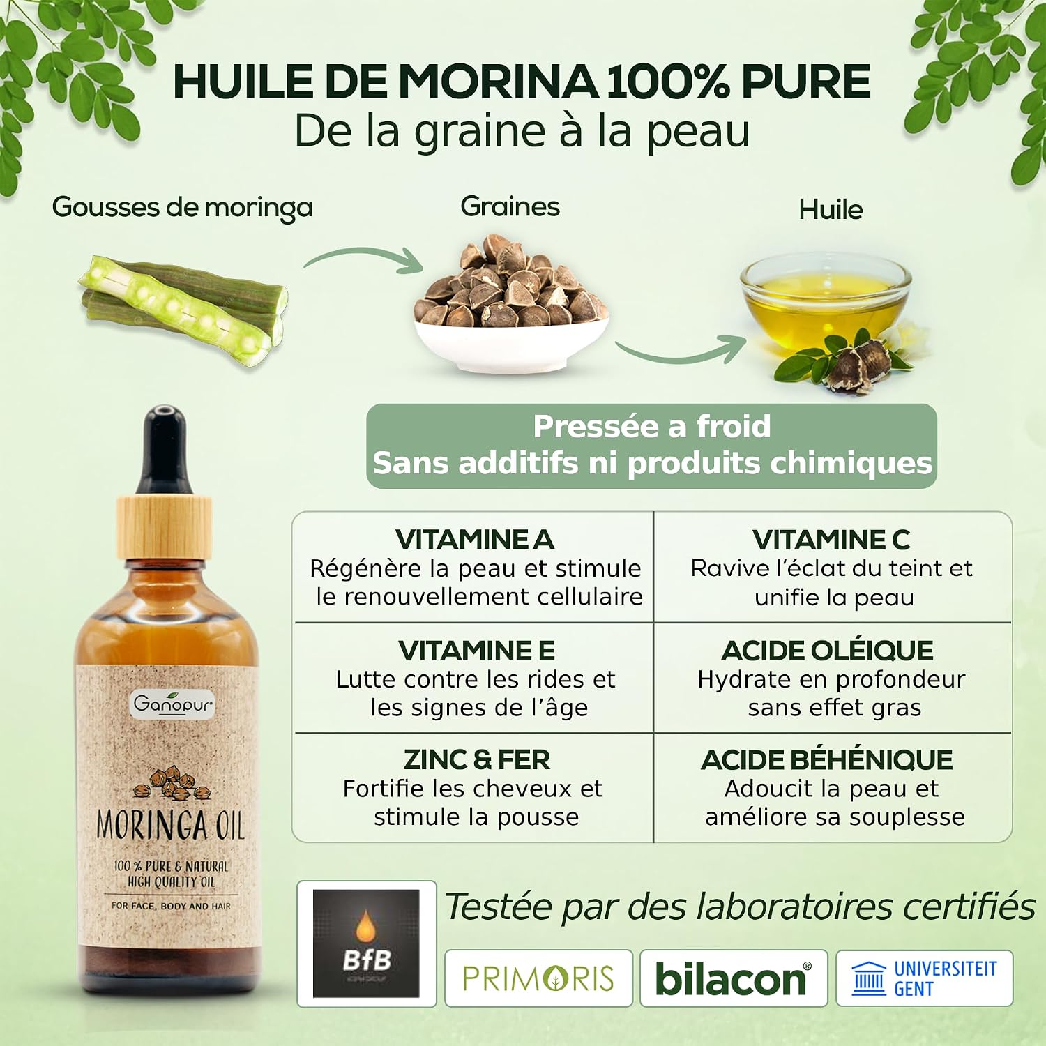 100% Natural Organic Moringa Oil - Face, Body & Hair - Moisturizing, Repairing & Anti-Aging - Pure Seeds - Vitamins A, C & E - 100ml | GANOPUR - Image 4