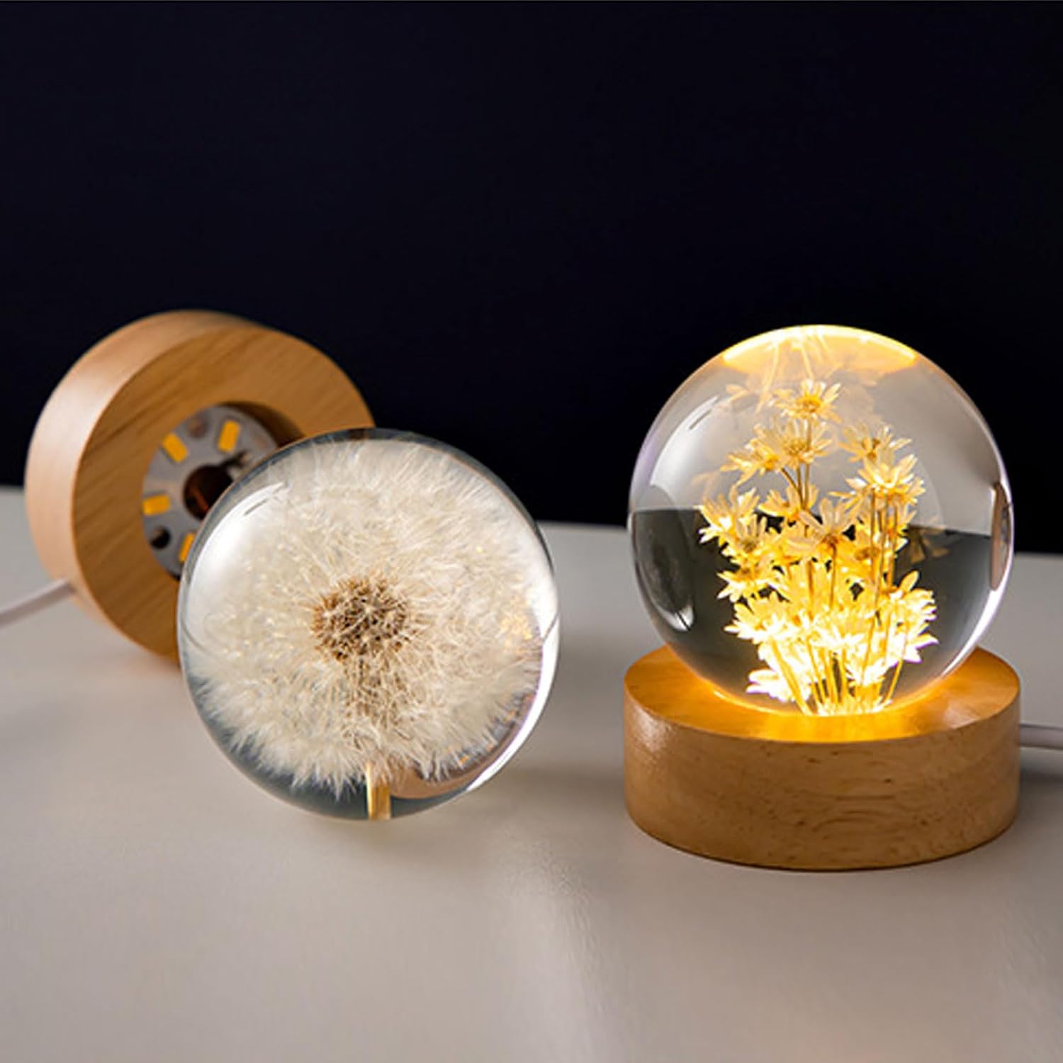 Flower Crystal Ball Night Light, 6cm Glass Ball Lamp with Wood with LED Light Base, USB Charging Flower Specimen Night Lamp with Stand (Dandelion) - Image 3