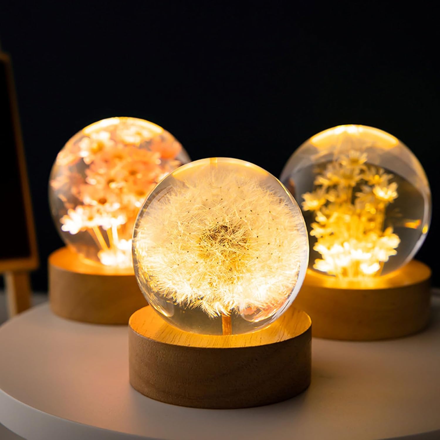 Flower Crystal Ball Night Light, 6cm Glass Ball Lamp with Wood with LED Light Base, USB Charging Flower Specimen Night Lamp with Stand (Dandelion) - Image 4