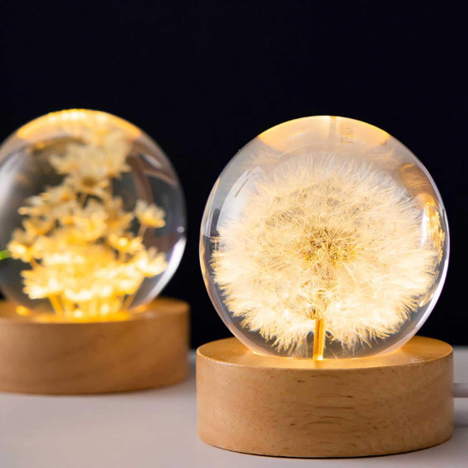 Flower Crystal Ball Night Light, 6cm Glass Ball Lamp with Wood with LED Light Base, USB Charging Flower Specimen Night Lamp with Stand (Dandelion) - Image 5