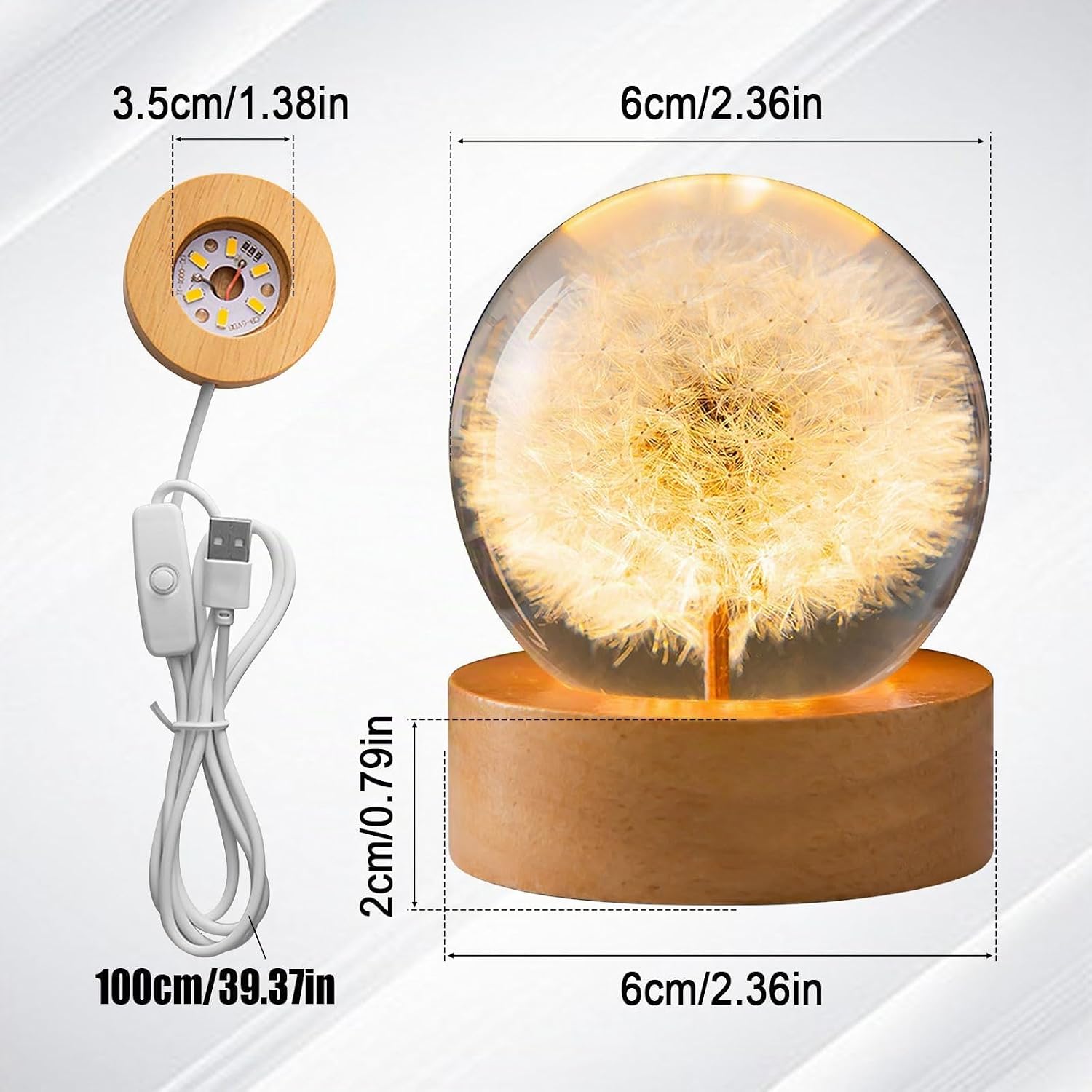 Flower Crystal Ball Night Light, 6cm Glass Ball Lamp with Wood with LED Light Base, USB Charging Flower Specimen Night Lamp with Stand (Dandelion) - Image 6