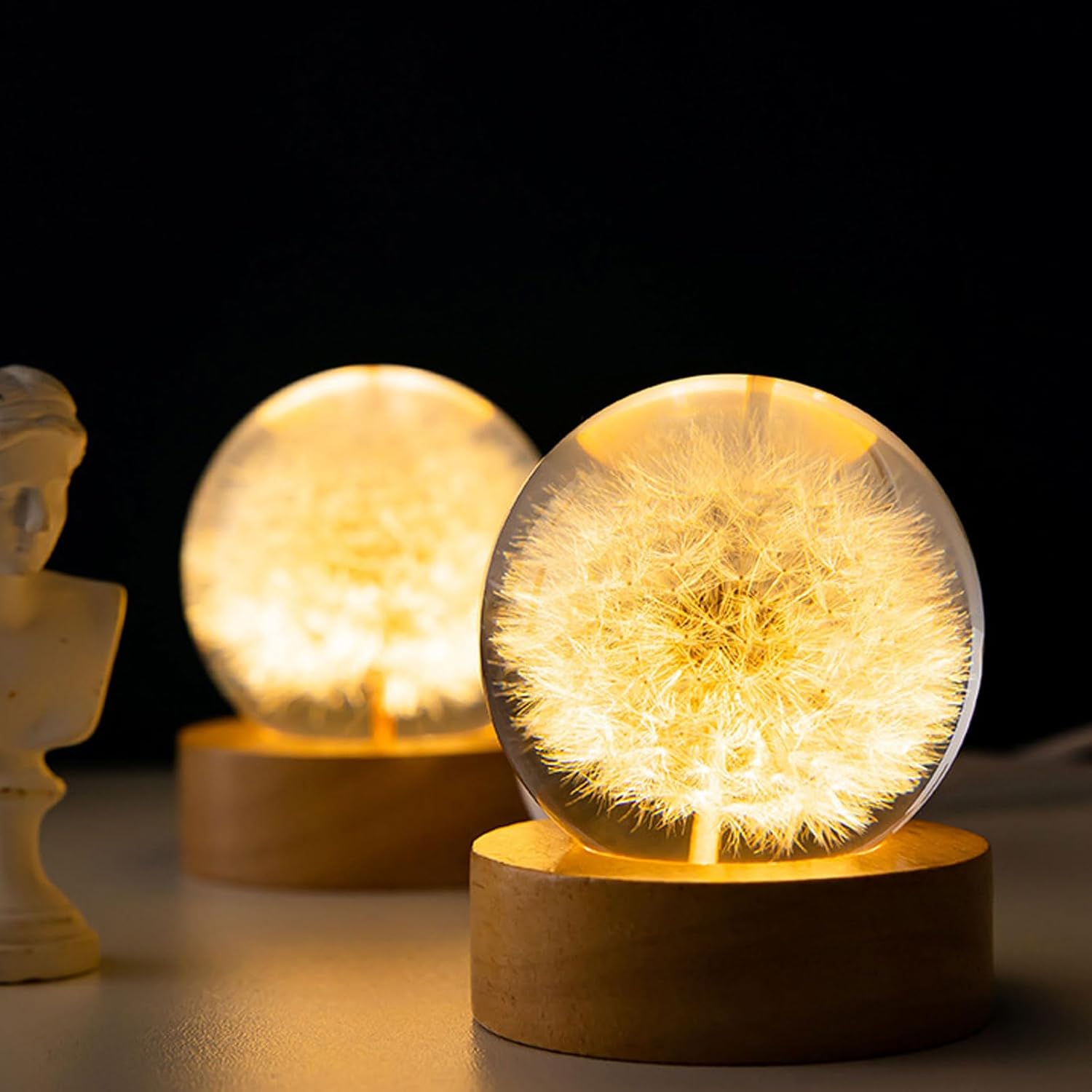 Flower Crystal Ball Night Light, 6cm Glass Ball Lamp with Wood with LED Light Base, USB Charging Flower Specimen Night Lamp with Stand (Dandelion) - Image 9