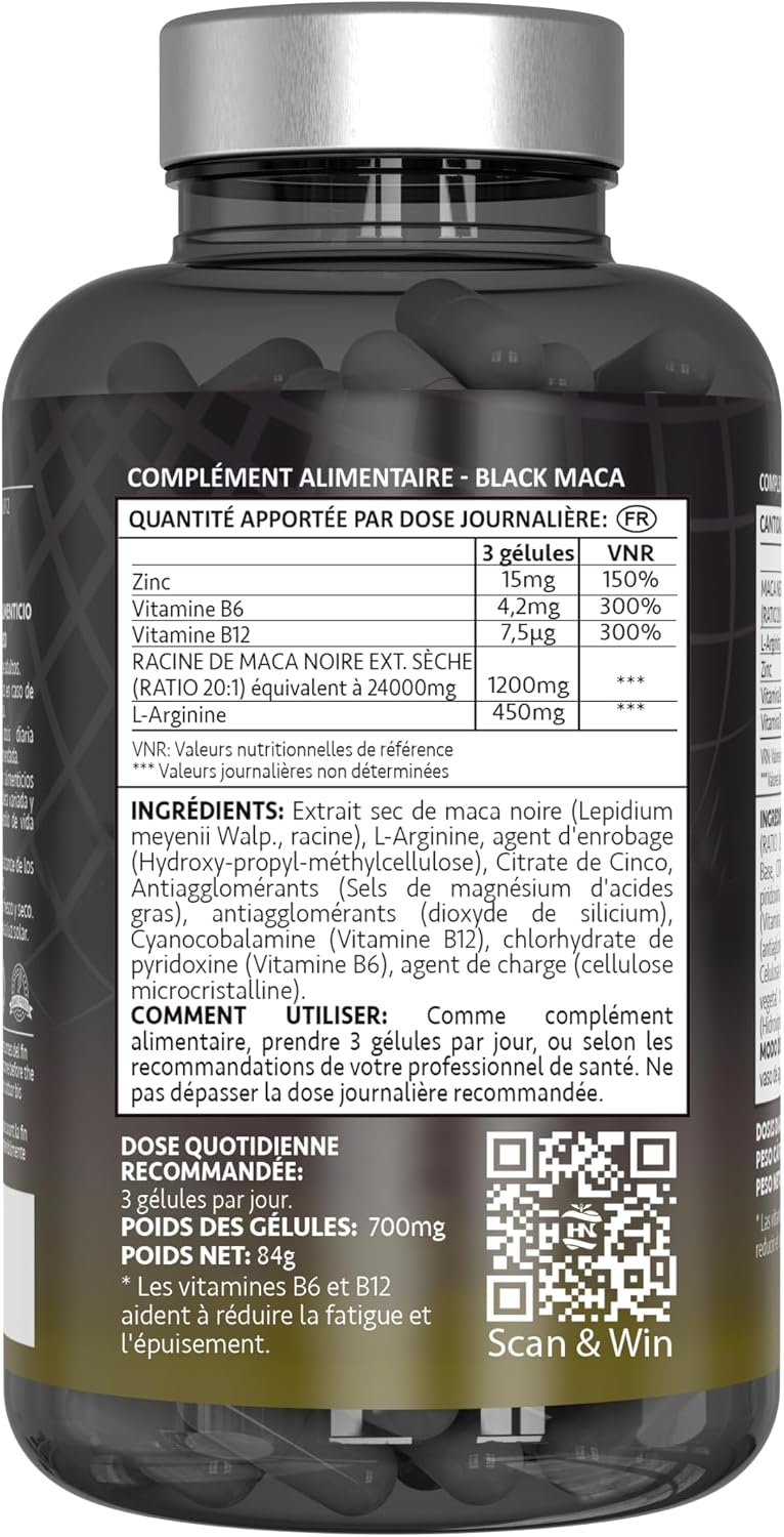 Black Maca Extra Strong 24000mg - 120 Capsules - Black Maca Extract 20:1 Improves Performance Men and Women Macca L-Arginine, Zinc, Vitamin B6 and B12 for Fighting Fatigue and Stress Oxidant - Image 3