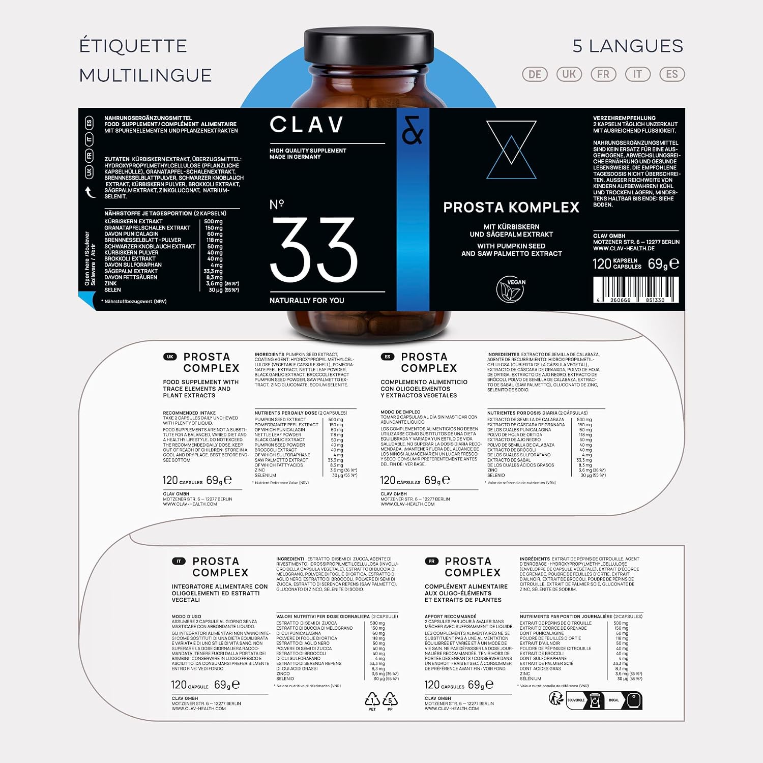 CLAV® N°33 Prosta Complex, with Dwarf Palm & Pomegranate, 120 Capsules - Image 9