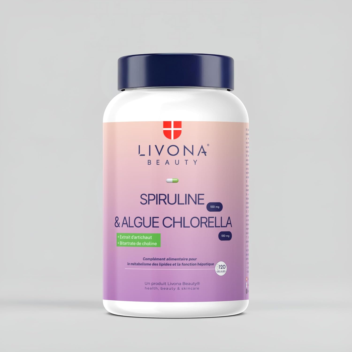 Detox Complex 120 Capsules: Spirulina 100 mg + Chlorella Algae 100mg + Calcium + Artichoke + Choline - Livona Beauty Dietary Supplement - Gluten Free and GMO Free | Vegan - Image 3
