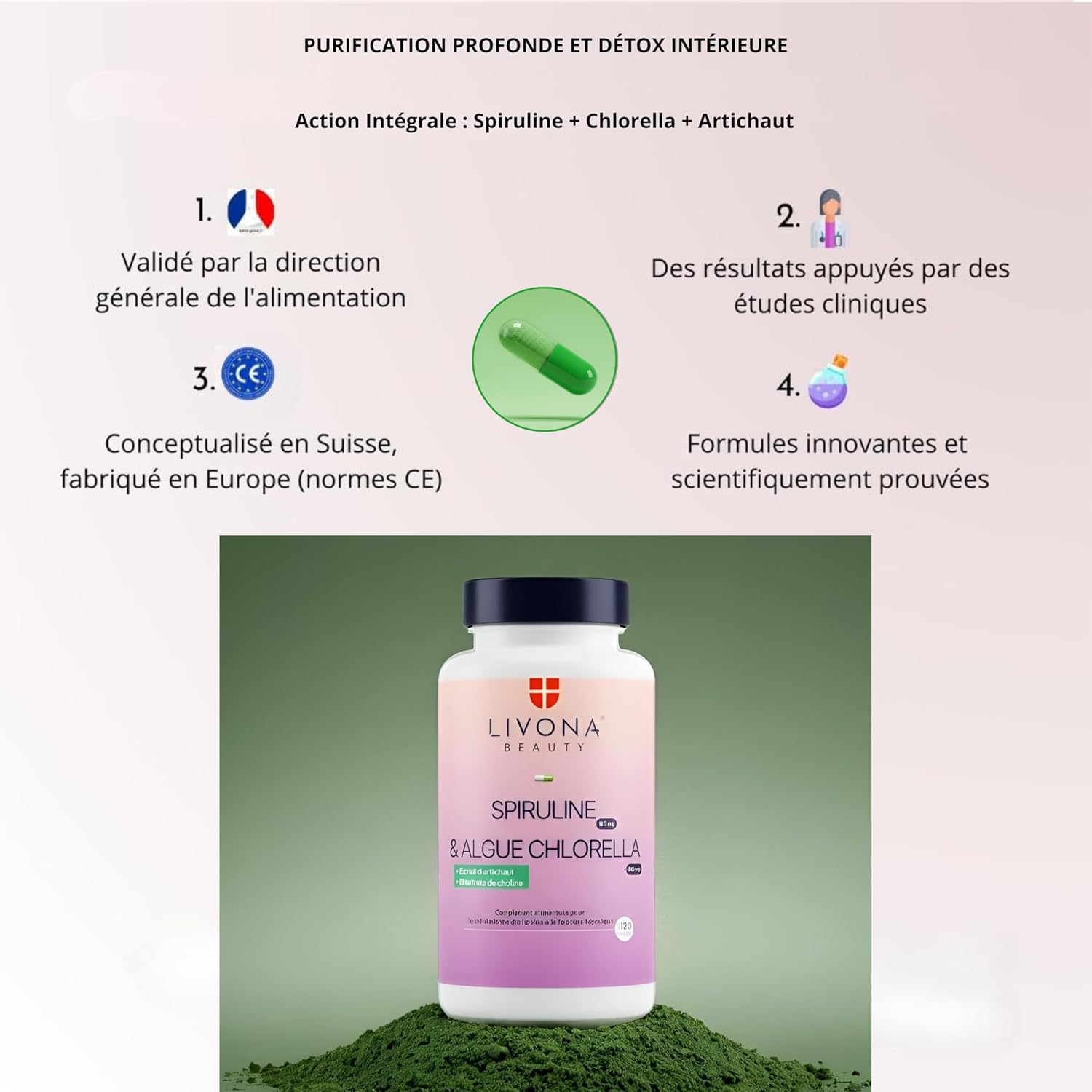 Detox Complex 120 Capsules: Spirulina 100 mg + Chlorella Algae 100mg + Calcium + Artichoke + Choline - Livona Beauty Dietary Supplement - Gluten Free and GMO Free | Vegan - Image 5
