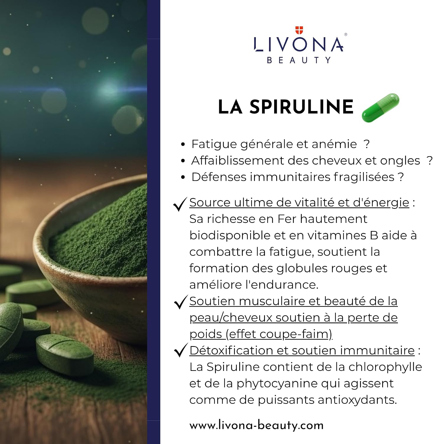 Detox Complex 120 Capsules: Spirulina 100 mg + Chlorella Algae 100mg + Calcium + Artichoke + Choline - Livona Beauty Dietary Supplement - Gluten Free and GMO Free | Vegan - Image 6