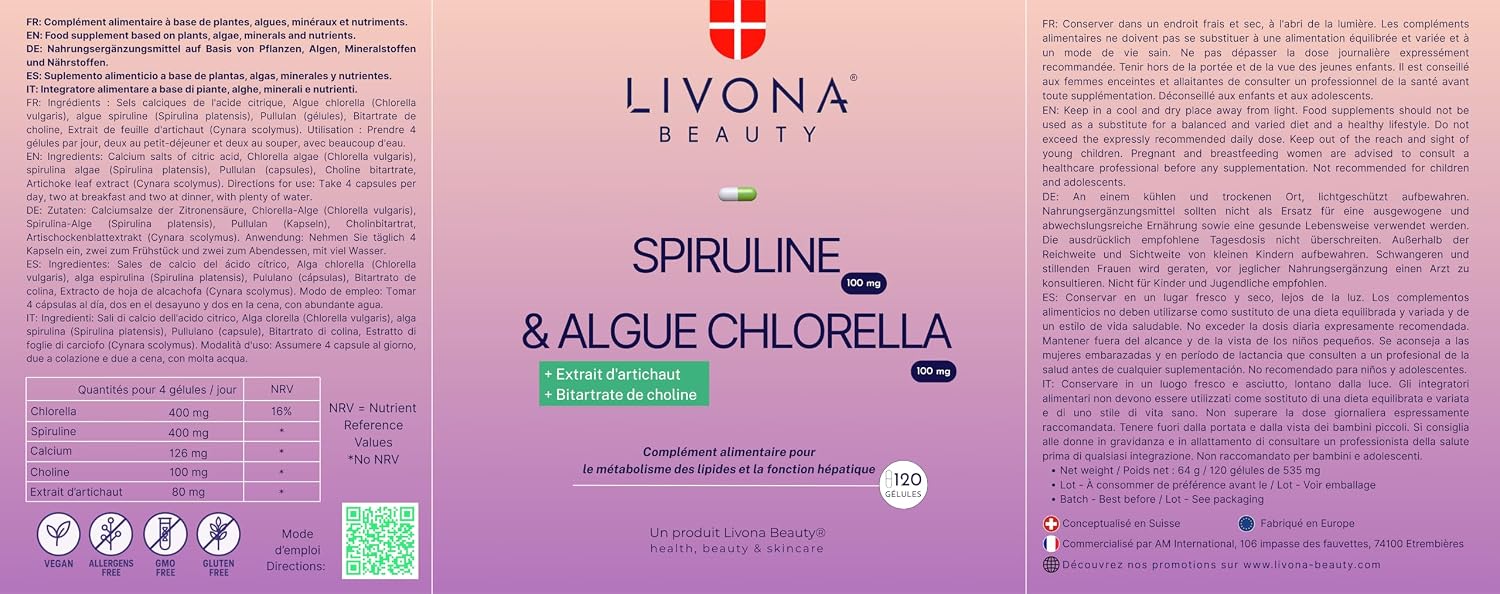 Detox Complex 120 Capsules: Spirulina 100 mg + Chlorella Algae 100mg + Calcium + Artichoke + Choline - Livona Beauty Dietary Supplement - Gluten Free and GMO Free | Vegan - Image 11
