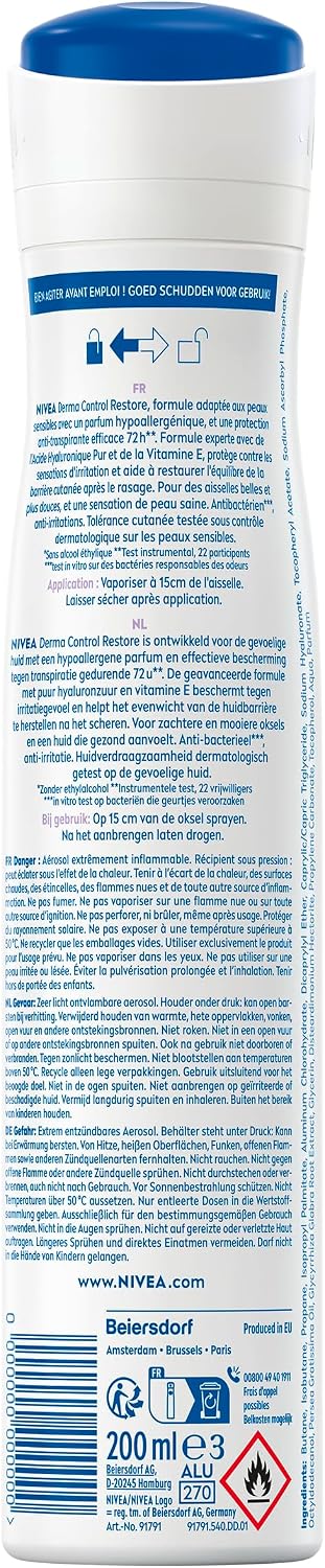 NIVEA - Derma Control Restore Feminine Atomizer - 72H Anti-Perspirant Deodorant - Anti-Irritation - Hyaluronic Acid & Vitamin E - 0% Alcohol - Sensitive Skin - 200ml (Pack of 2) - Image 4