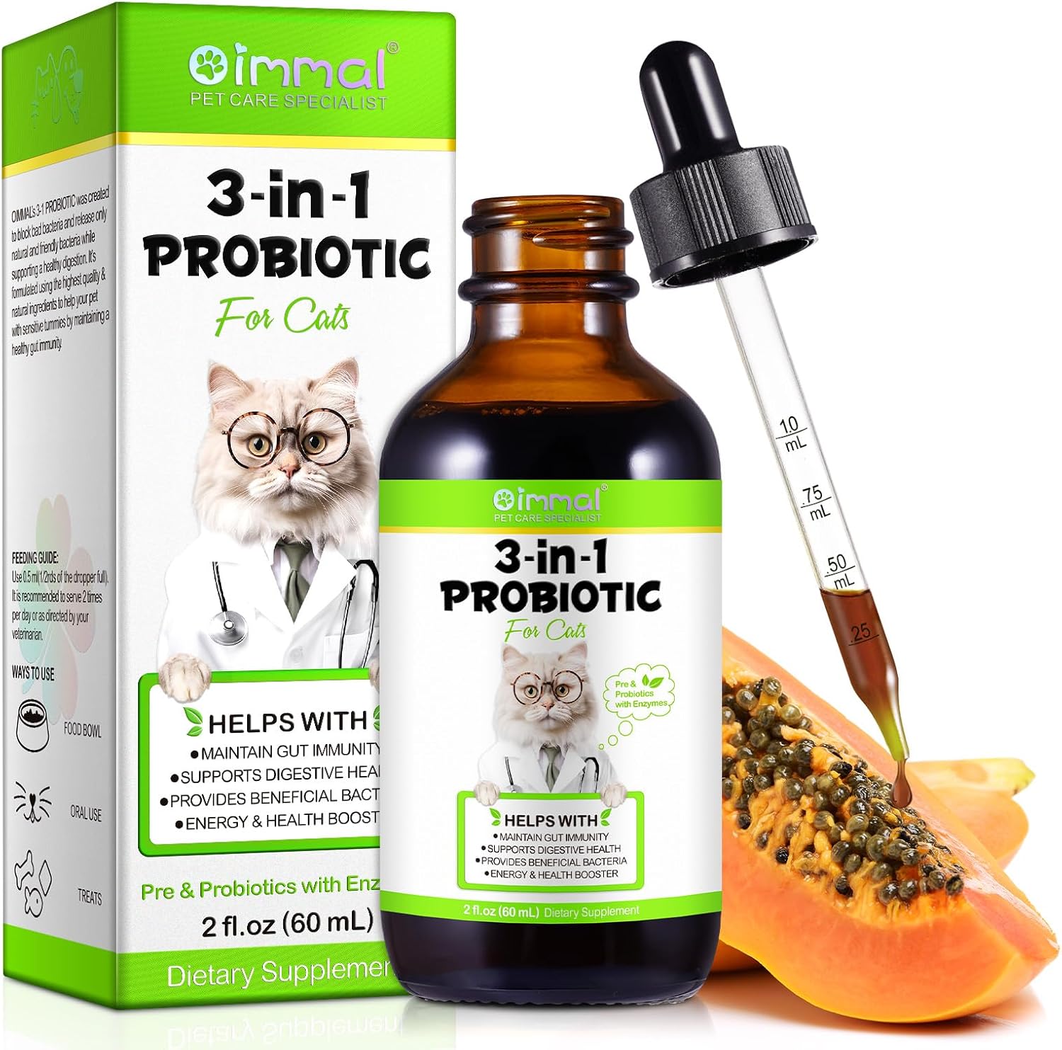 3 in 1 Probiotic Drops for Cats 60ml, Probiotics for Cats with Digestive Enzymes, Gut Health, Suitable for Kittens and Adults - Image 2
