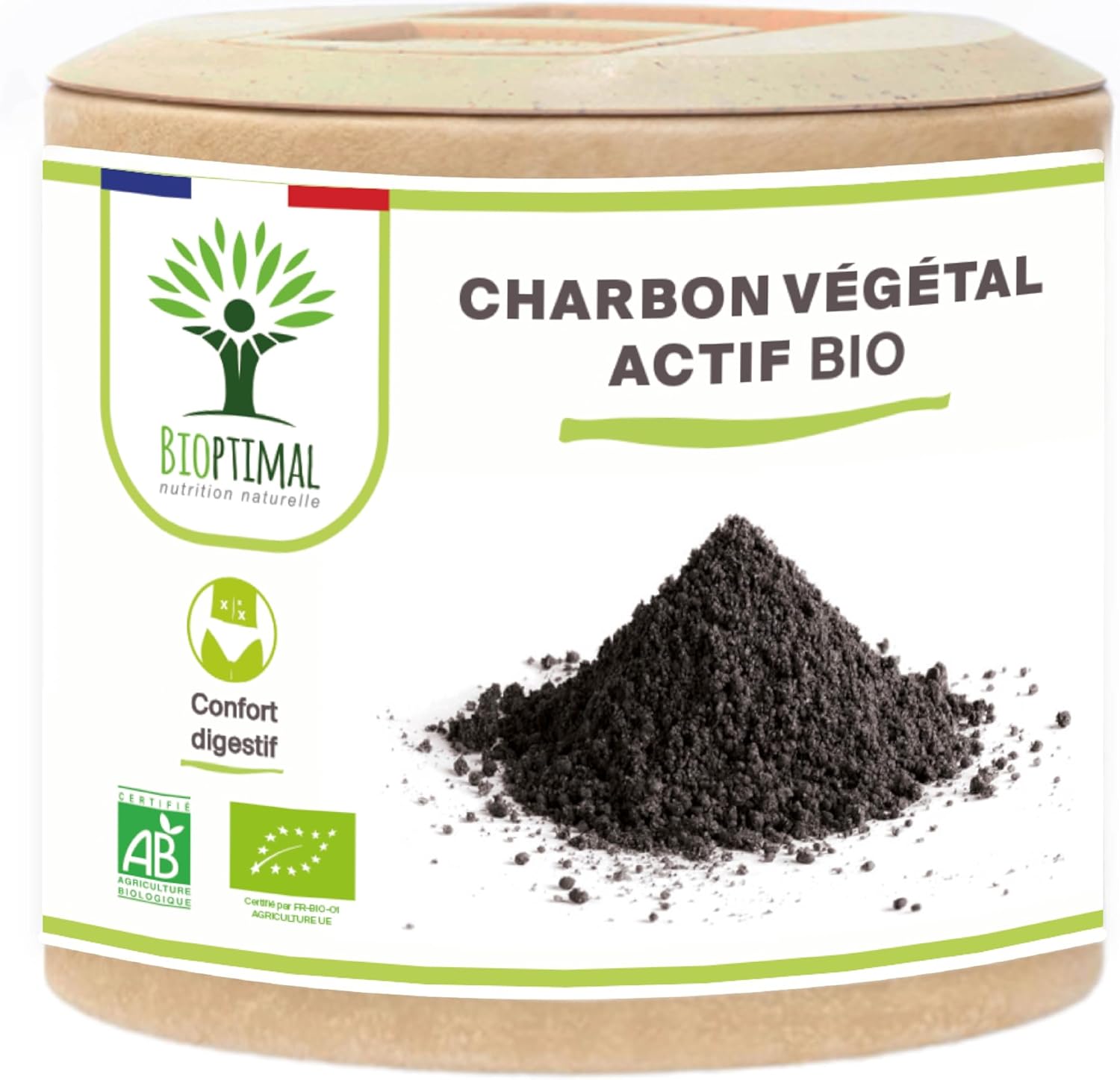 Bioptimal Active Carbon - Food Supplement - Flat Stomach Digestion Anti-Bloating Gas - 150 mg of Pure Active Powder per Capsule - Made in France - Ecocert Certified - 60 Capsules - Image 2