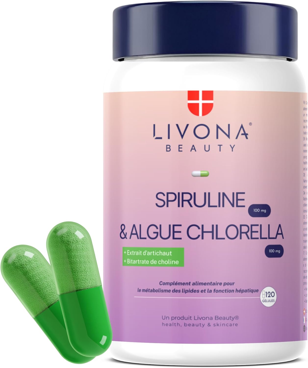 Detox Complex 120 Capsules: Spirulina 100 mg + Chlorella Algae 100mg + Calcium + Artichoke + Choline - Livona Beauty Dietary Supplement - Gluten Free and GMO Free | Vegan - Image 2