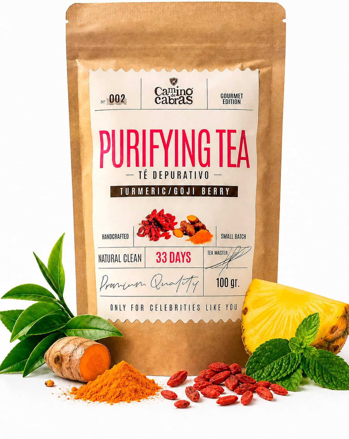 Detox Tea - Powerful Draining Water Retention - Anti Cellulite Infusion - Diuretic - Digestion - Green Tea, Turmeric, Ginger, Peppermint, Goji Berry, Dandelion, Pineapple - Herbal Tea 100g - Image 2