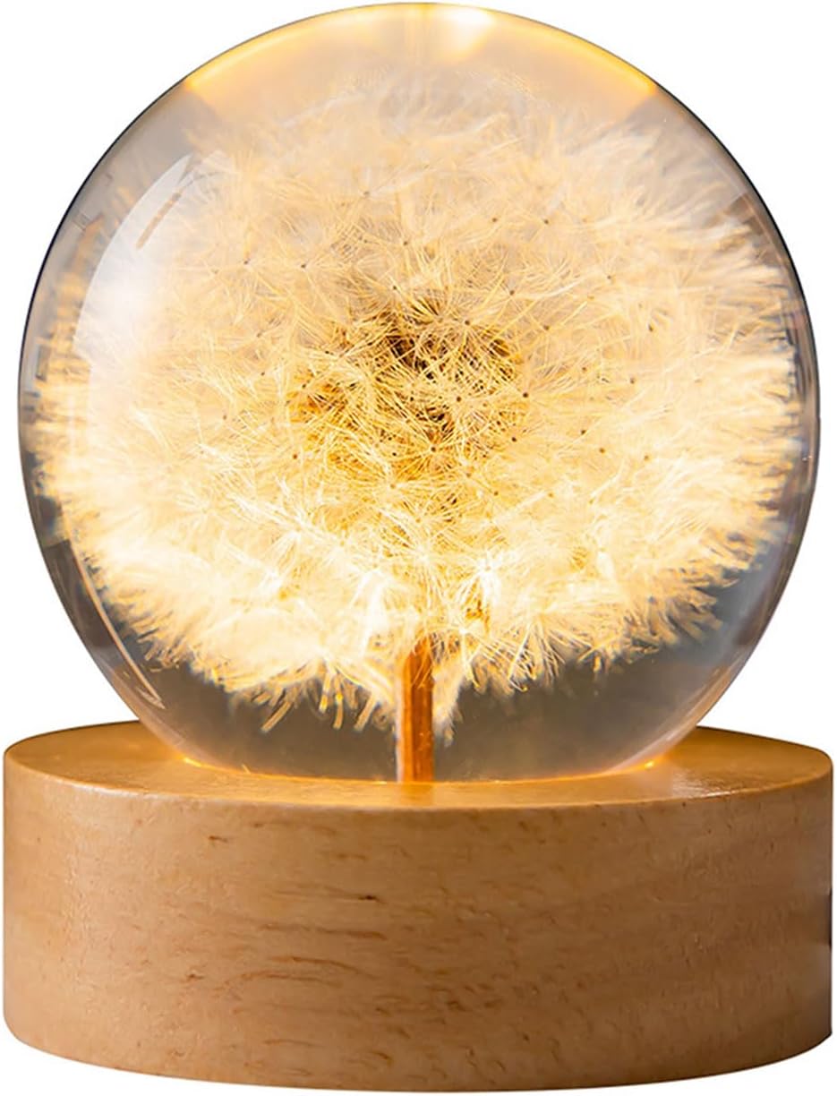 Flower Crystal Ball Night Light, 6cm Glass Ball Lamp with Wood with LED Light Base, USB Charging Flower Specimen Night Lamp with Stand (Dandelion) - Image 2
