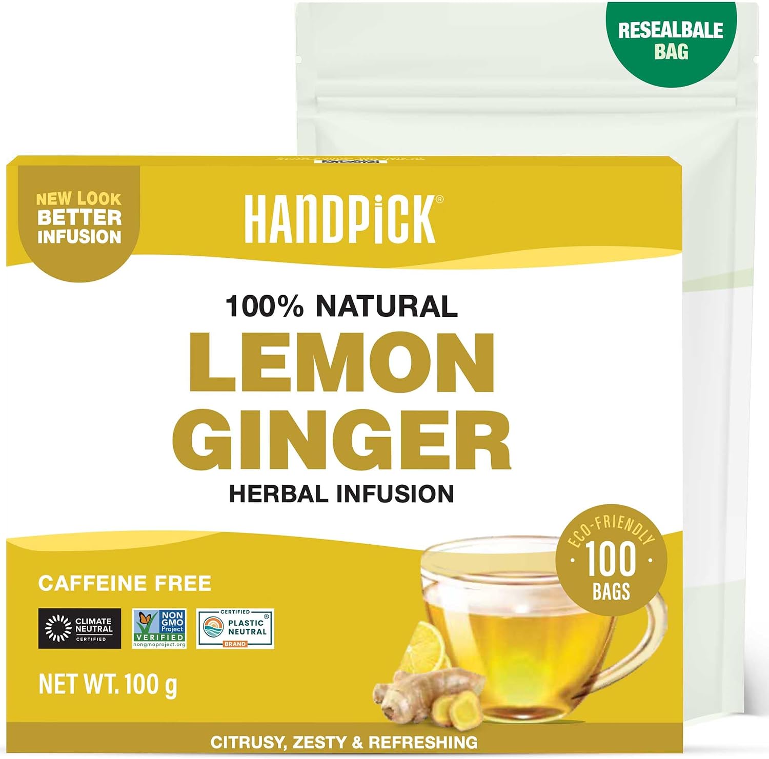 HANDPICK The Ginger Lemon - 100 Eco-Friendly Sachets | Coffee Free & Non-GMO - The Lemon Ginger 100% Pure - Image 2