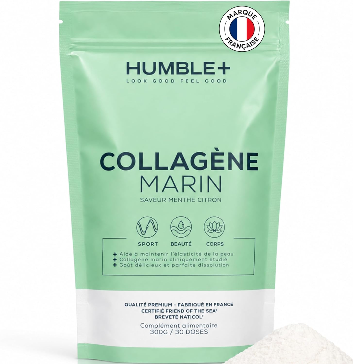 Humble+ Marine Collagen Naticol® Powder - Lemon Mint - 300 g - 60 Port. | Type 1 Marine Collagen Peptides, French Marine Collagen - Lemon Mint Flavor, 300 g, 60 Servings - French Brand - Image 2