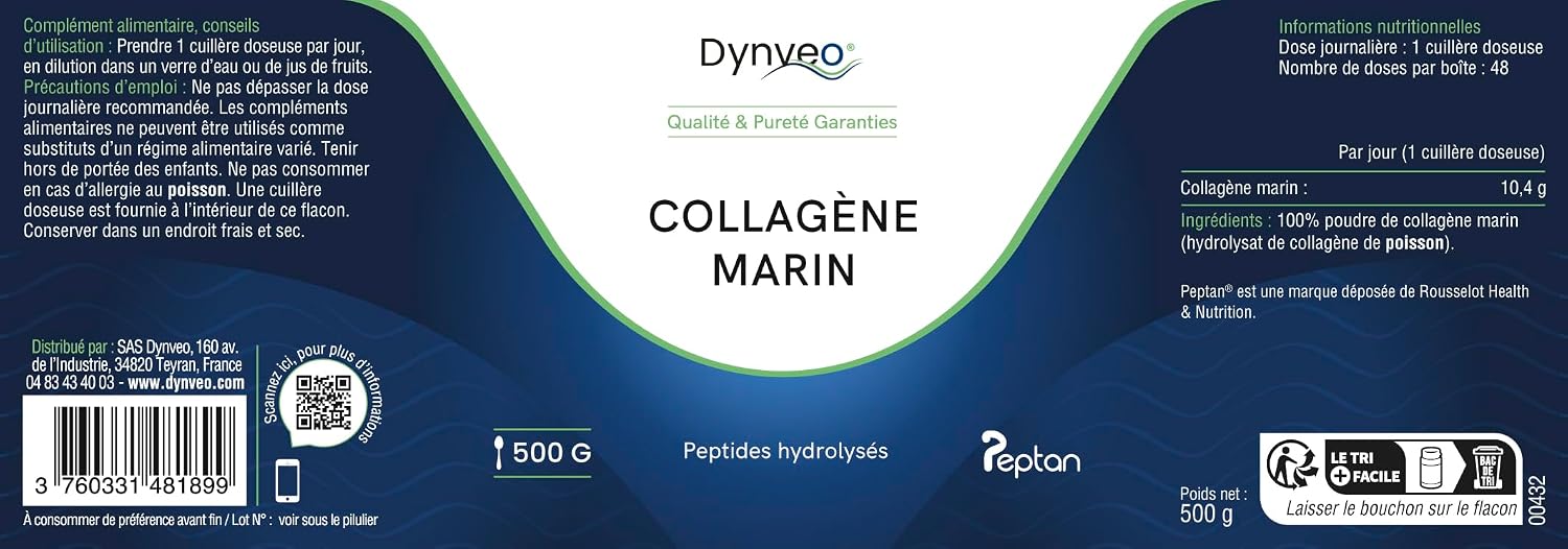 Hydrolyzed Marine Collagen - Soft & Hydrated Skin - Type 1 Bioactive Peptides 2000 DA - High Bioavailability - Collagen Powder Peptan Quality - Sustainable Peach - 500G (48 days) - Dynveo - Image 2