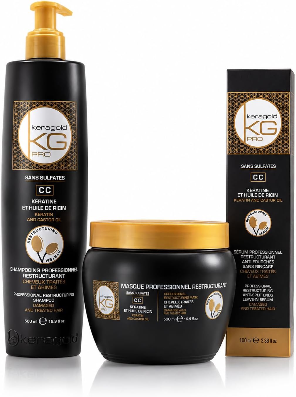 Keragold KG Pro Trio Capillaire Keratin & Castor Oil - Shampoo 500ml, Mask 500ml, Serum 100ml - Sulfate Free Routine for Treated, Damaged, Dry, Frizz & Shine Hair - Image 2