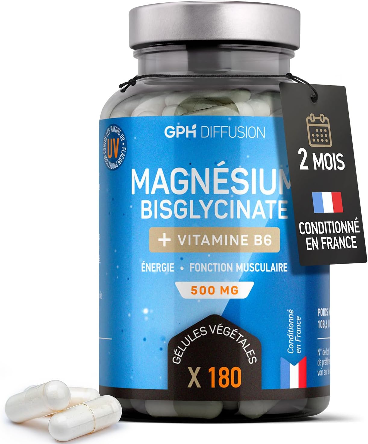 Magnesium Bisglycinate + Vitamin B6-500 mg - Fatigue - Stress - Sleep - 180 Vegetable Capsules - Maximum Absorption - Made in France - Image 2