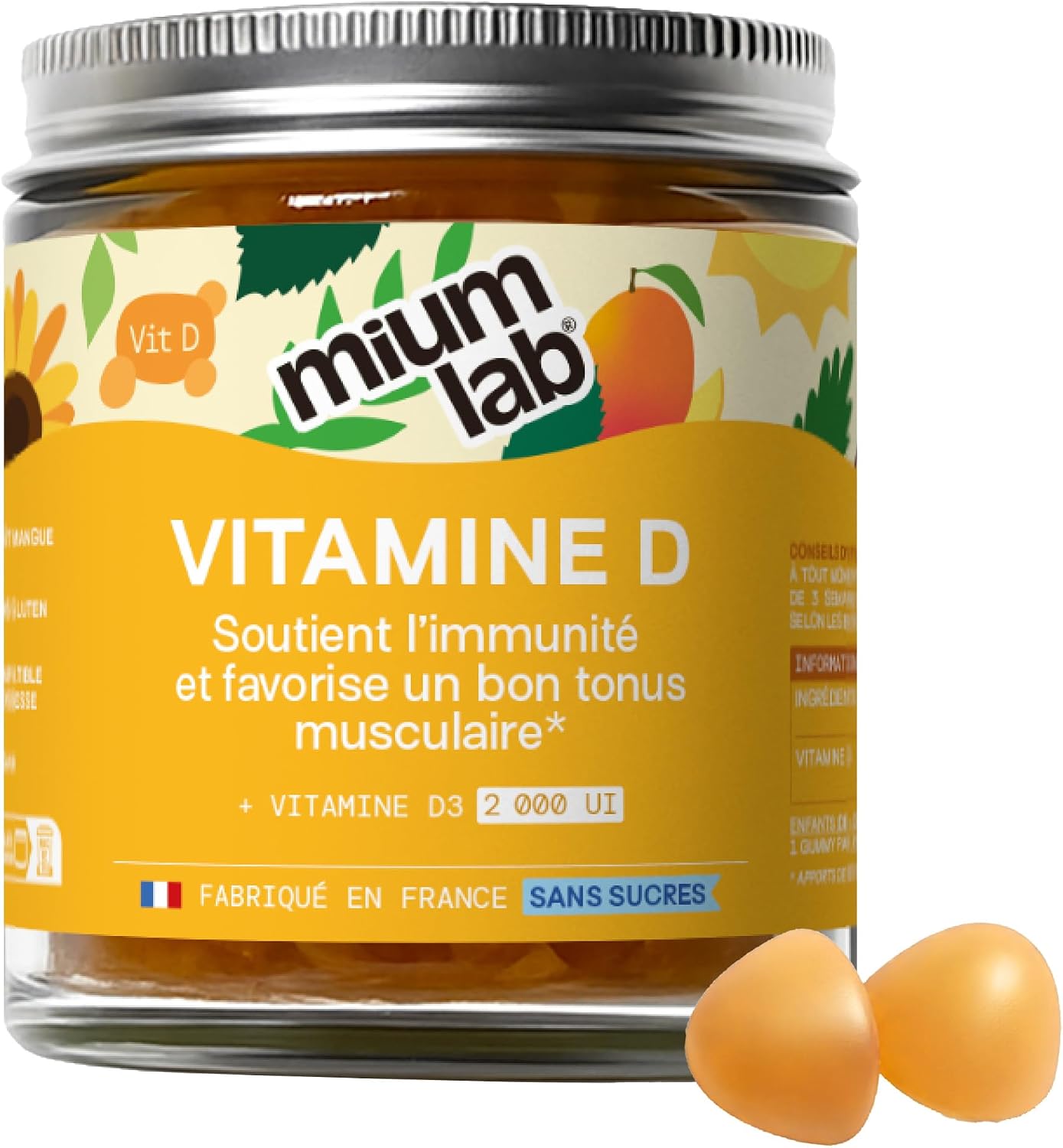 Mium Lab - Vitamin D3 (2000UI) - Highly dosed and absorbed - Immune System, Supports bones, muscles, Growth - Children & Adults - Cure 21 days - Sugar-free gummies Made in France - Image 2