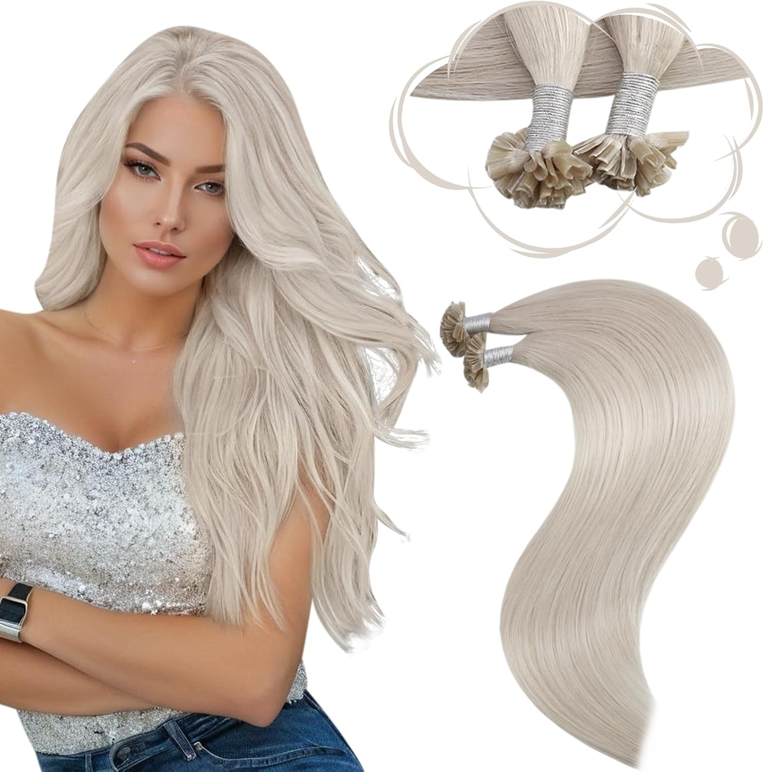 Moresoo Natural Remy Human Hair Extensions Keratin White Blonde 40 cm - Image 2