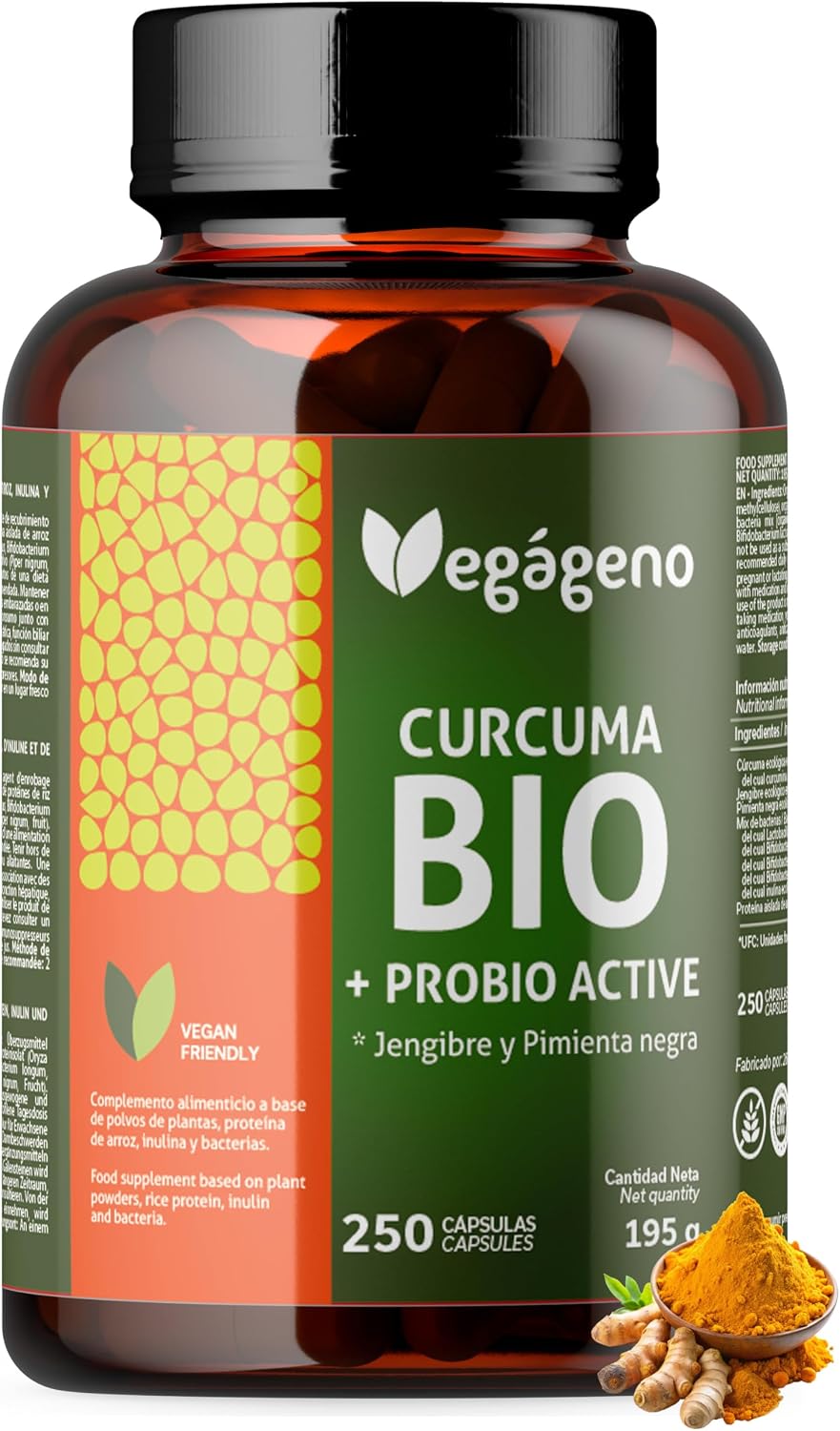 Organic Turmeric Capsules with Ginger and Black Pepper – 250 Capsules | Curcumin & Piperine | With Probiotics (200 Million CFU) and Prebiotics (Organic Inulin) – VEGAGENO - Image 2