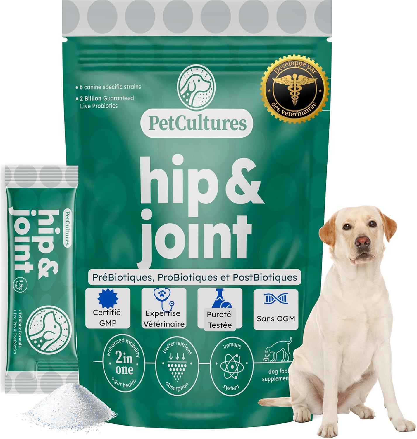 PetCultures Hip & Joint Supplement for Dogs – Glucosamine, MSM, Chondroitin, Prebiotics, Probiotics and Postbiotics (30) - Image 2