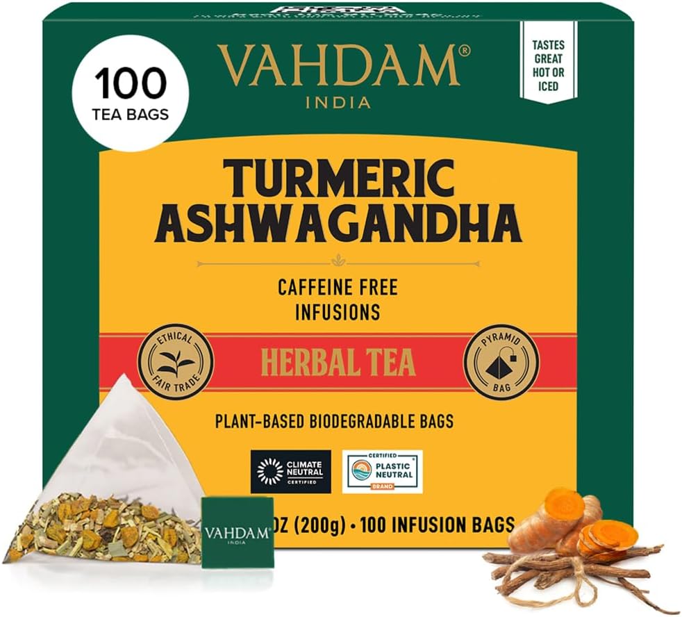 VAHDAM, Turmeric Ashwagandha Herbal Tea (100 Pyramid Tea Bags) Caffeine Free | 100% Pure & Natural, Turmeric & Fresh Spices | Directly From Source In India | Hot/Ice Infusion - Image 2