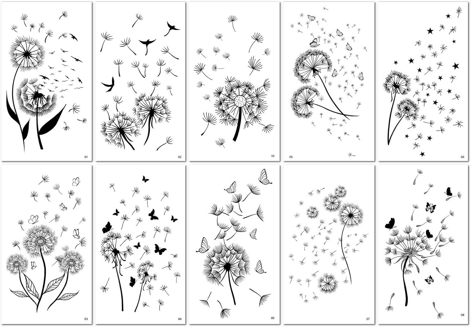 10 Sheets Black And White Temporary Tattoos Dandelion Temporary Tattoo Stickers Sexy Black Flowers For Legs And Arms For A Festive Party - Image 2