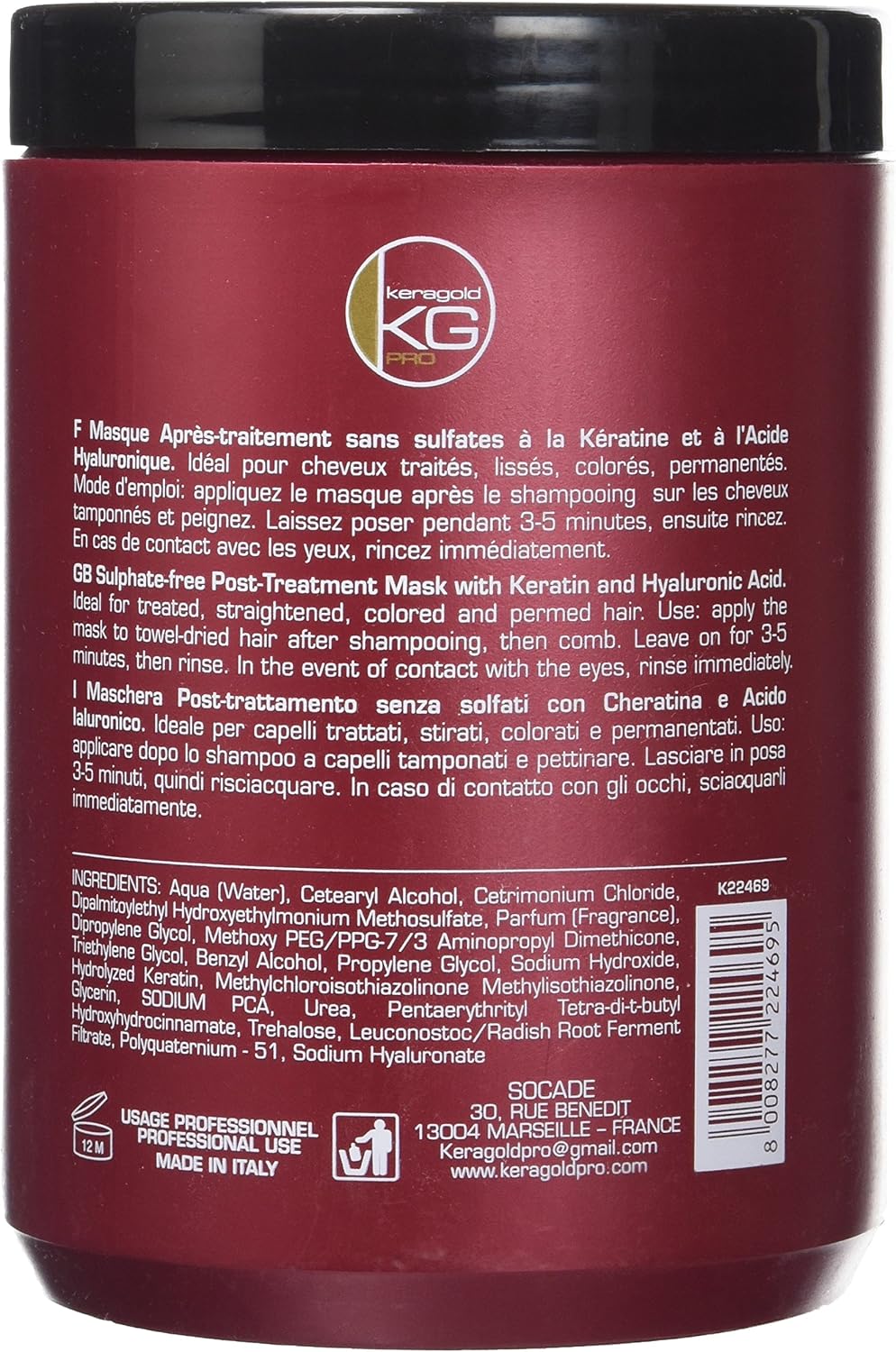 KeraGold Sulphate Free Keratin/Hyaluronic Acid DD Mask 1 L - Image 3