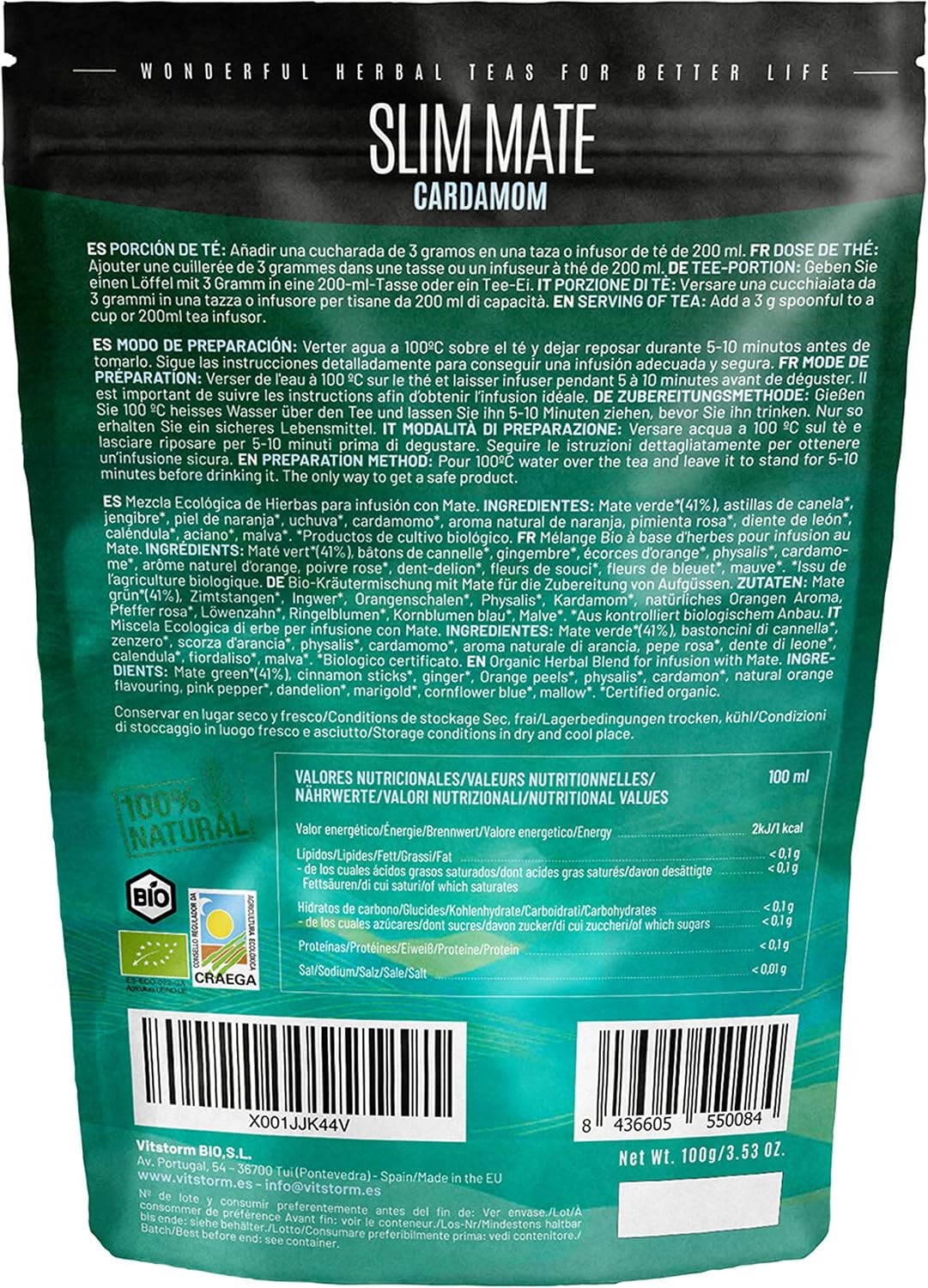 VITSTORM® Slim Yerba Mate Cardamom - Energy Drink & Detox Herbal Tea Liver – Organic Draining Tea - Dandelion - Loose Infusion 100g - Image 12