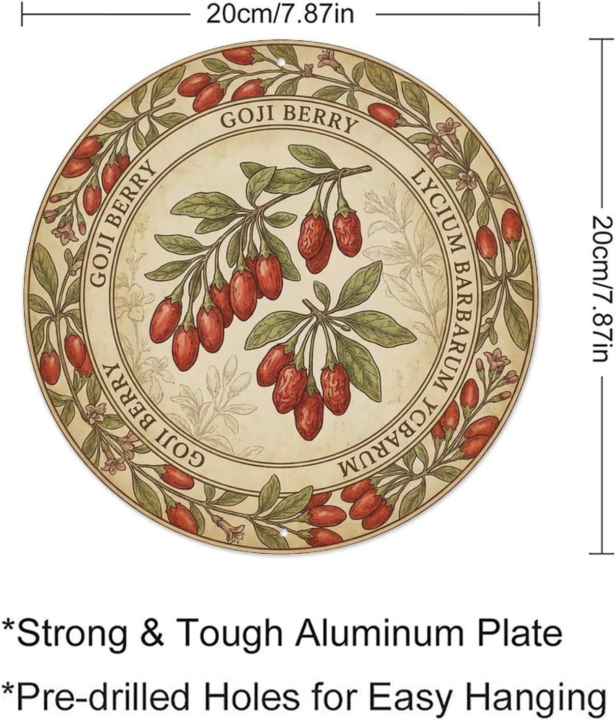 Plaque ronde vintage en métal rouge baies de Goji - Décoration murale pour café, club, jardin - 20,3 x 20,3 cm - Image 3