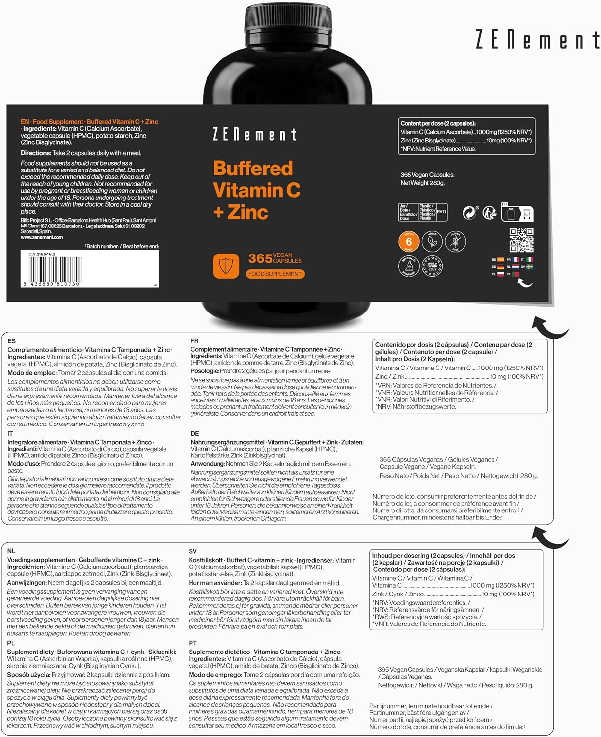 Vitamin C 1000 mg Tamponed + Zinc - Calcium Ascorbate - 365 Capsules - Image 5