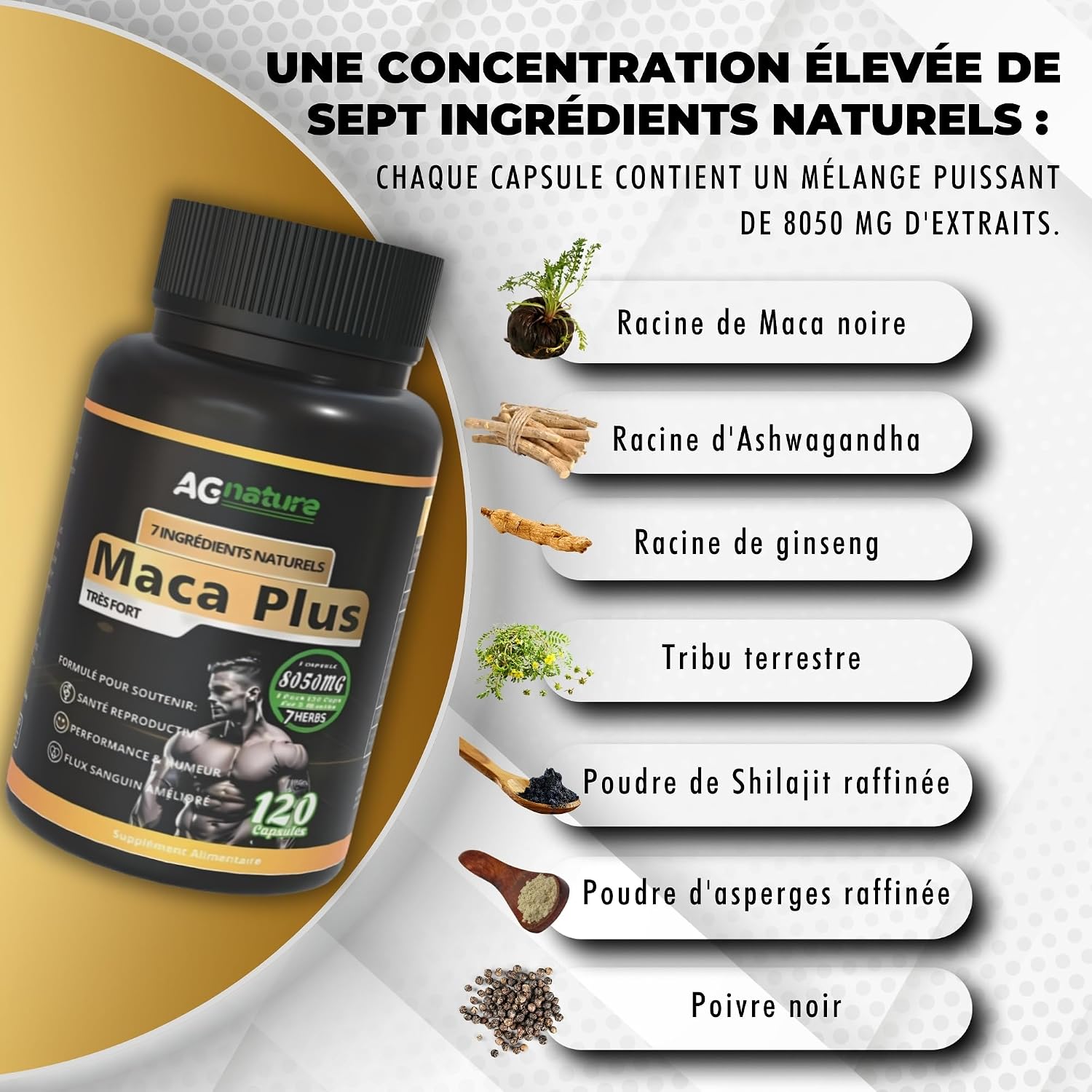 AG nature Extra Strength Peruvian Black Maca 8050mg 120 Capsules - High Dose Complex of Ashwagandha, Ginseng, Tribulus Terrestris and Shilajit Pure - Image 4
